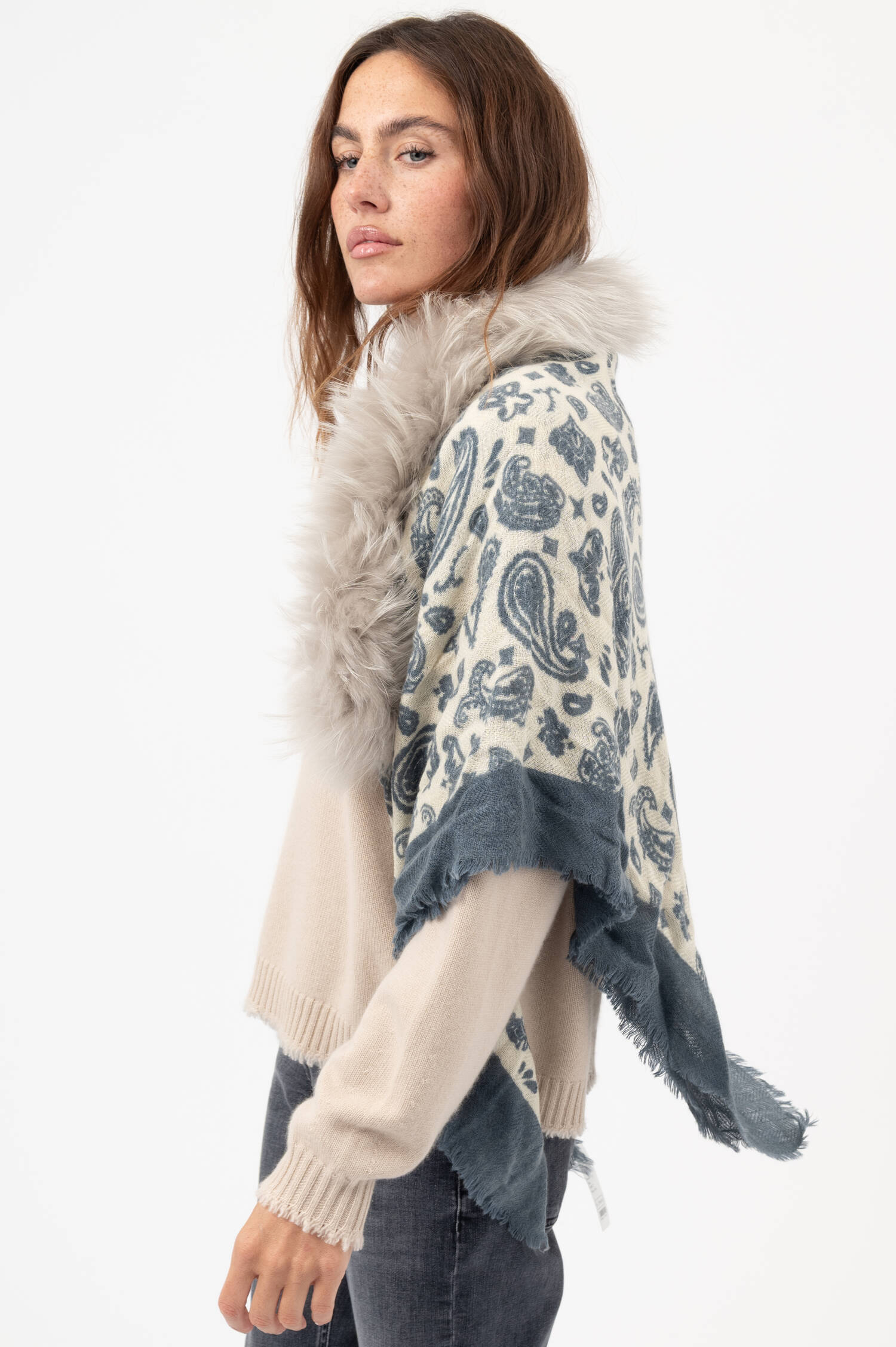 Cashmere Tuch JIMELLA mit Fell in Blau