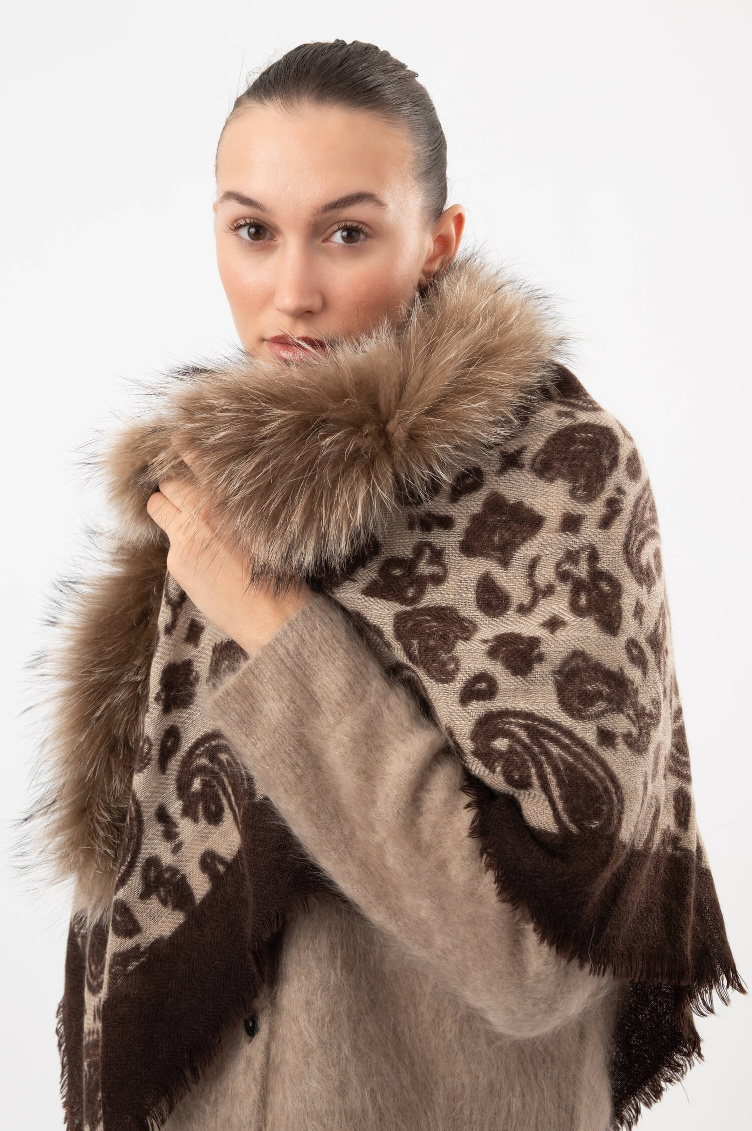 Cashmere - Mix Tuch JIMELLA mit Fell in Braun 