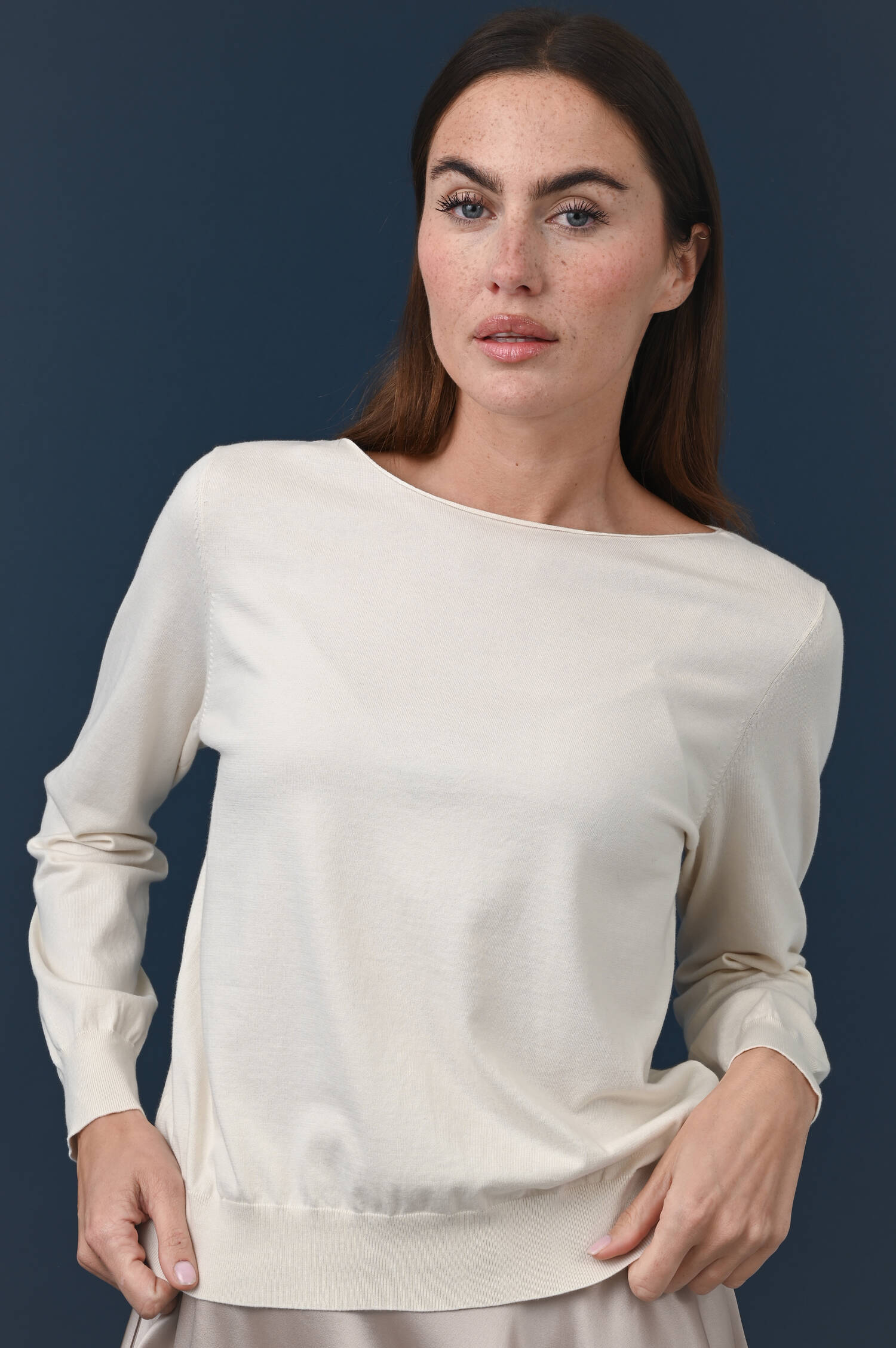 Geraffter U-Boot Pullover in Ivorybeige