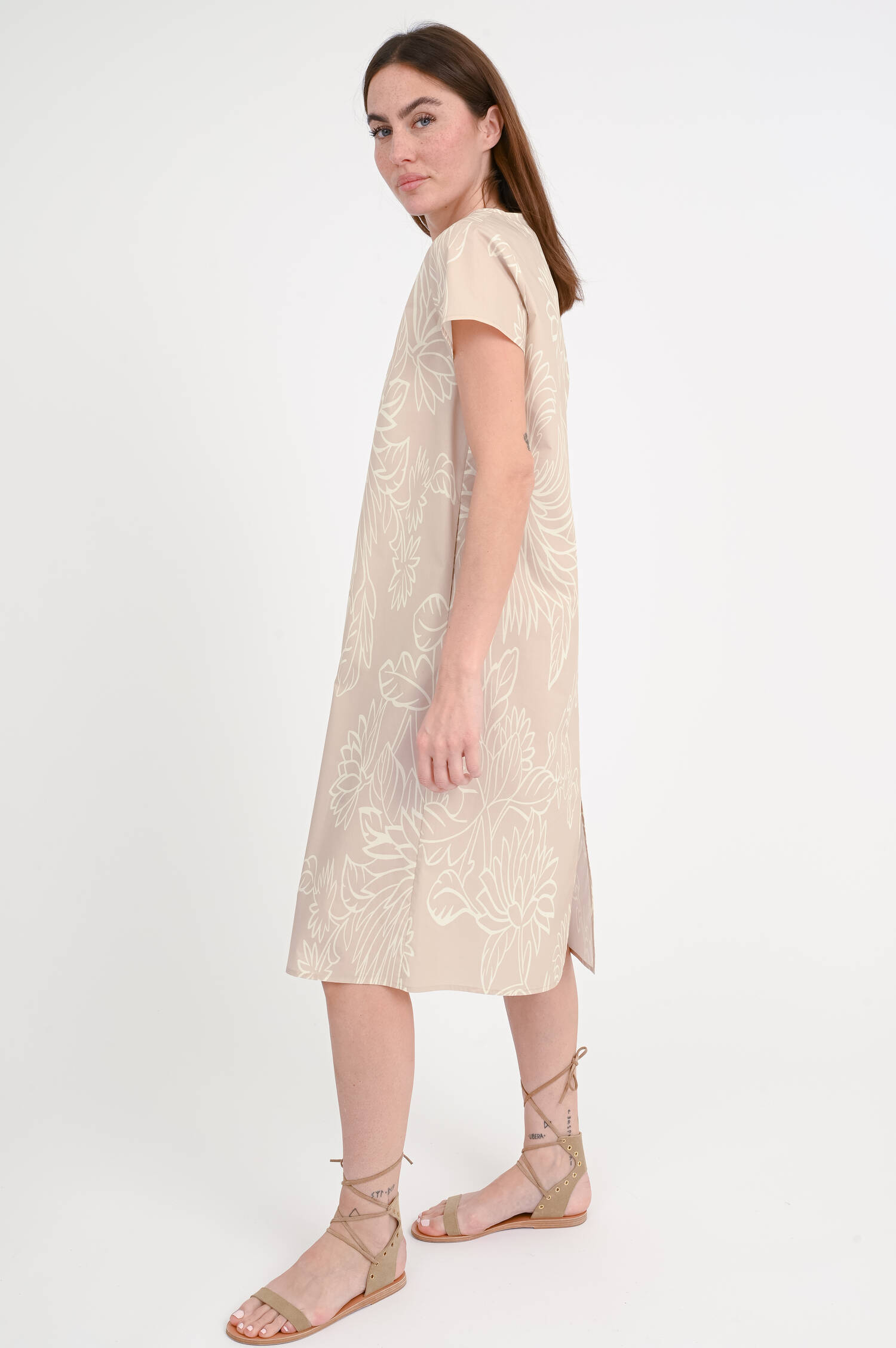 Baumwollkleid in Egg-Shape in Beige/Weiß gemustert