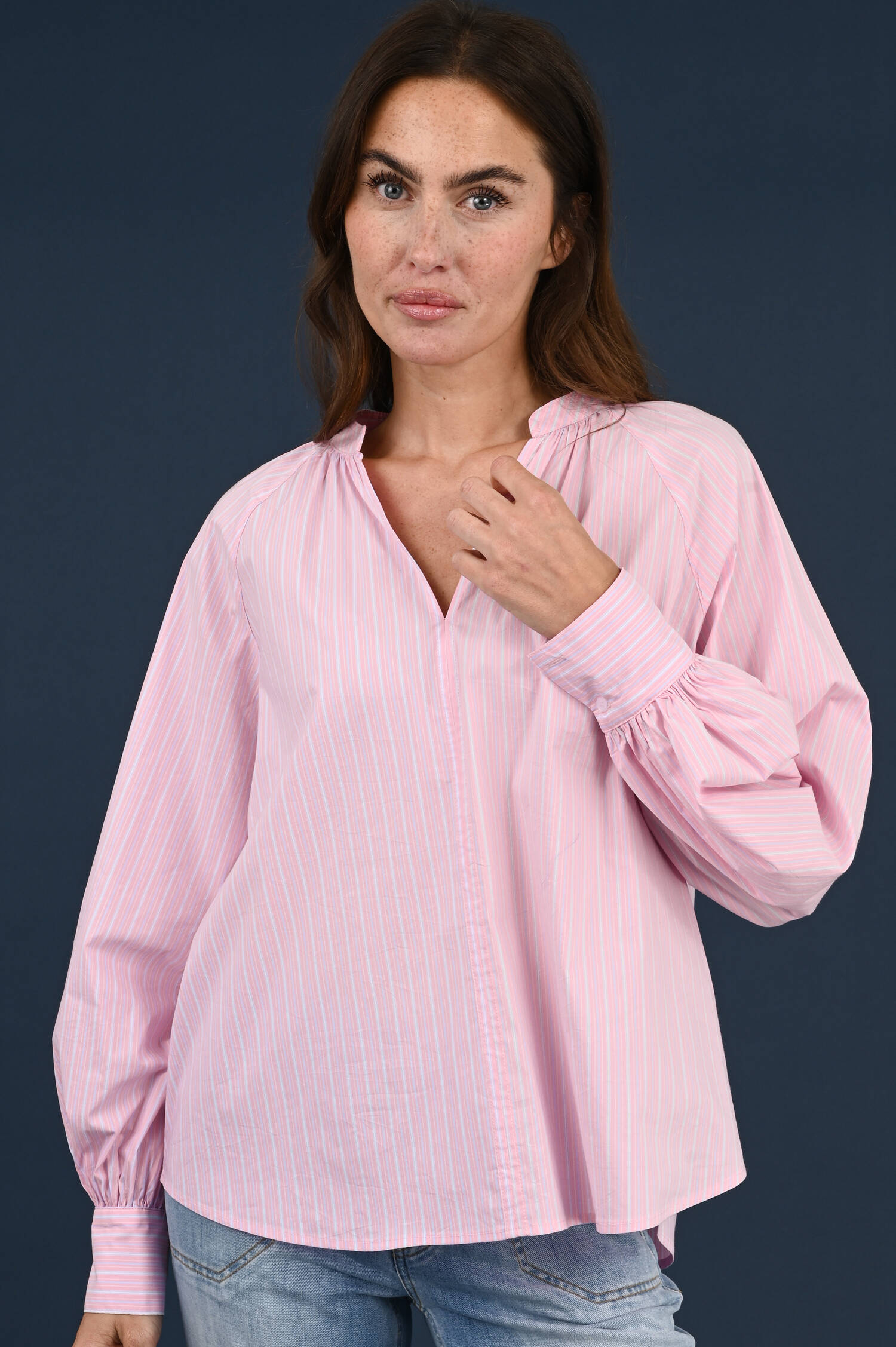 Schlupfbluse in Pink/Blau/Weiß gestreift