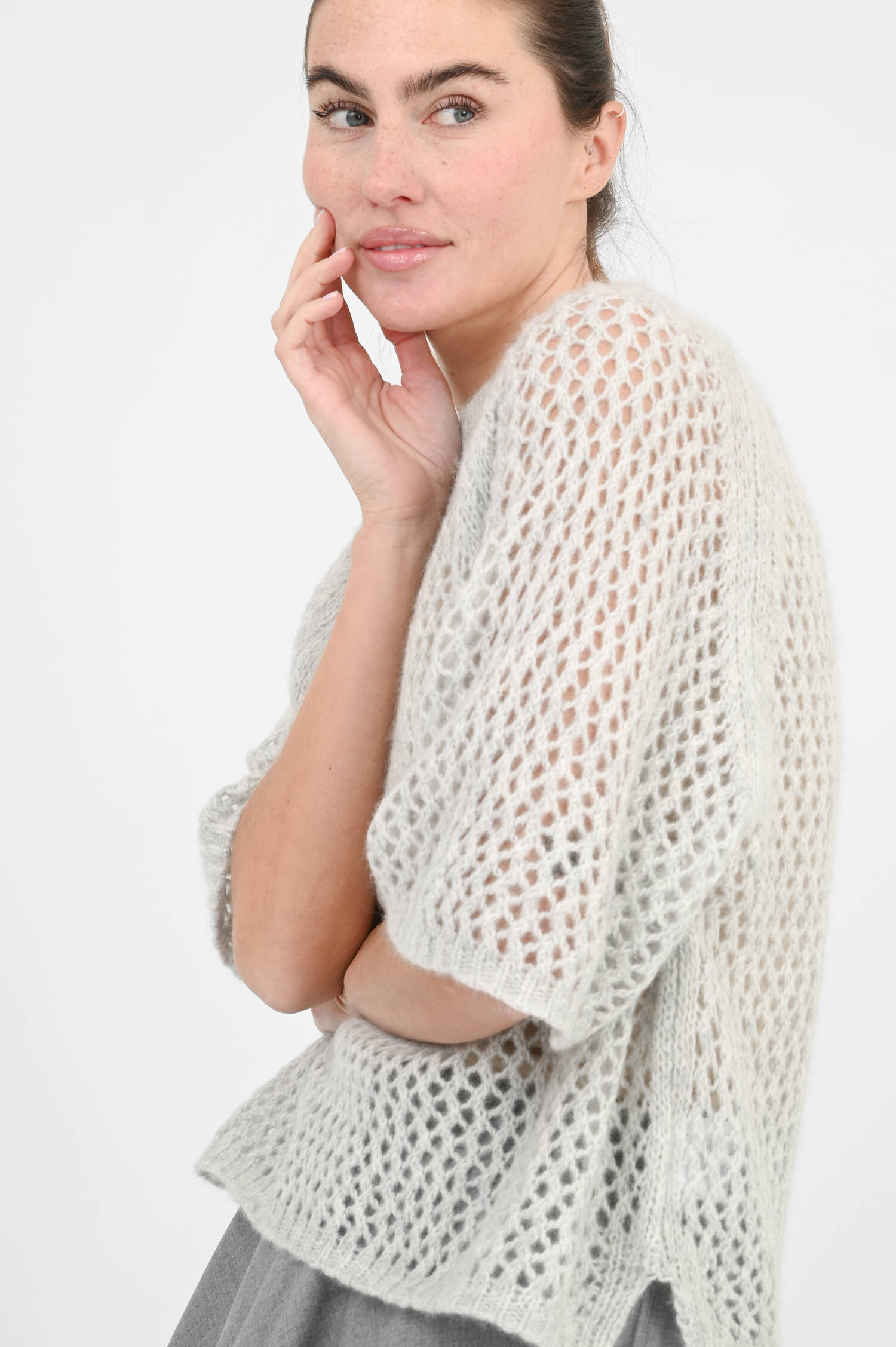 Lochstrick-Pullover in Grau meliert