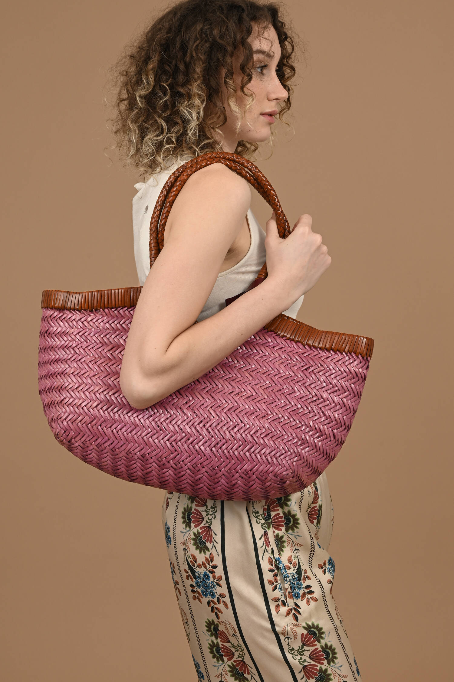 Leder Flecht Tote Bag CRUDELIA in Pink/Cognac