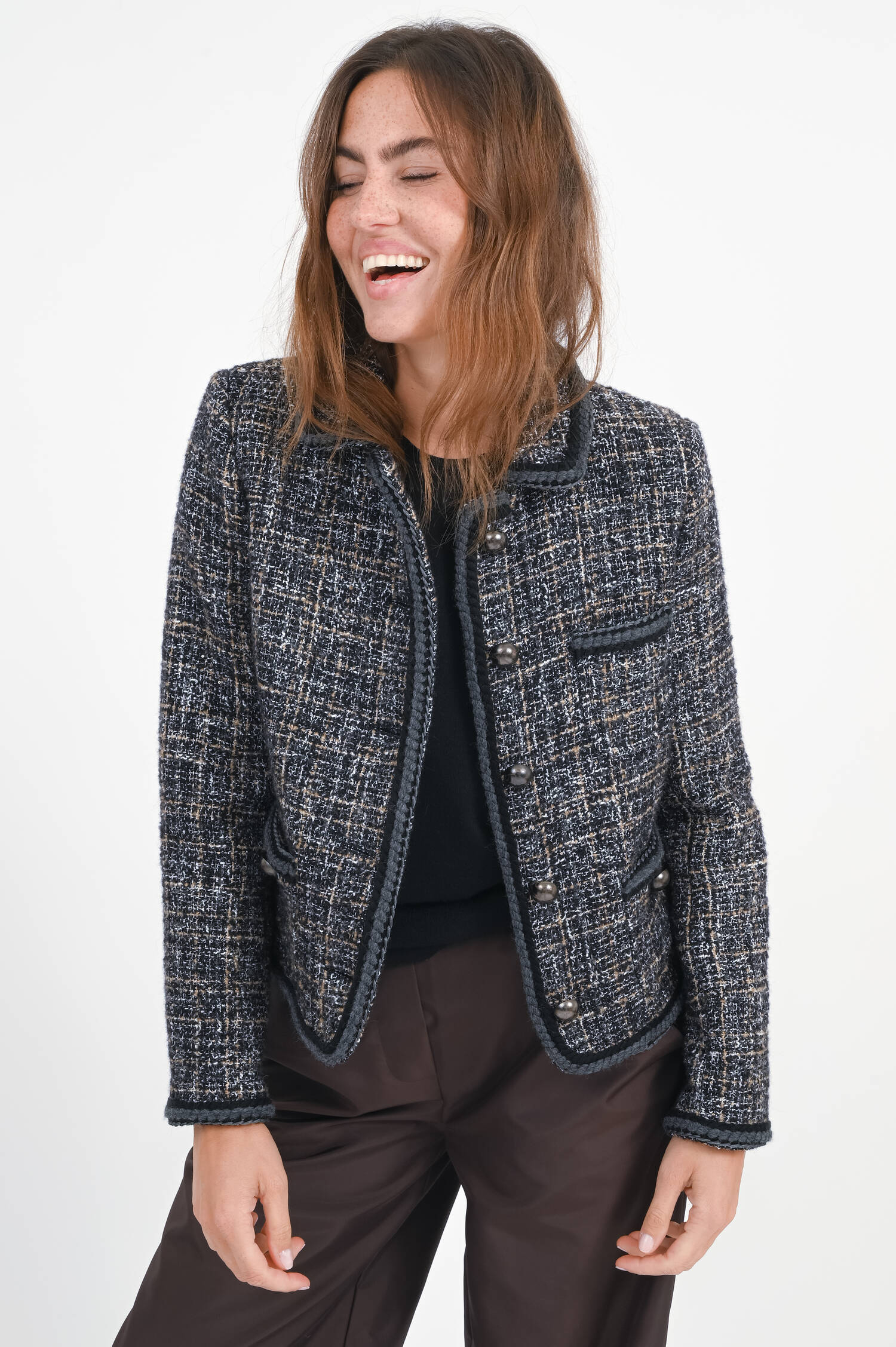 Tweed Jacke mit Stick-Details in Schwarz/Beige