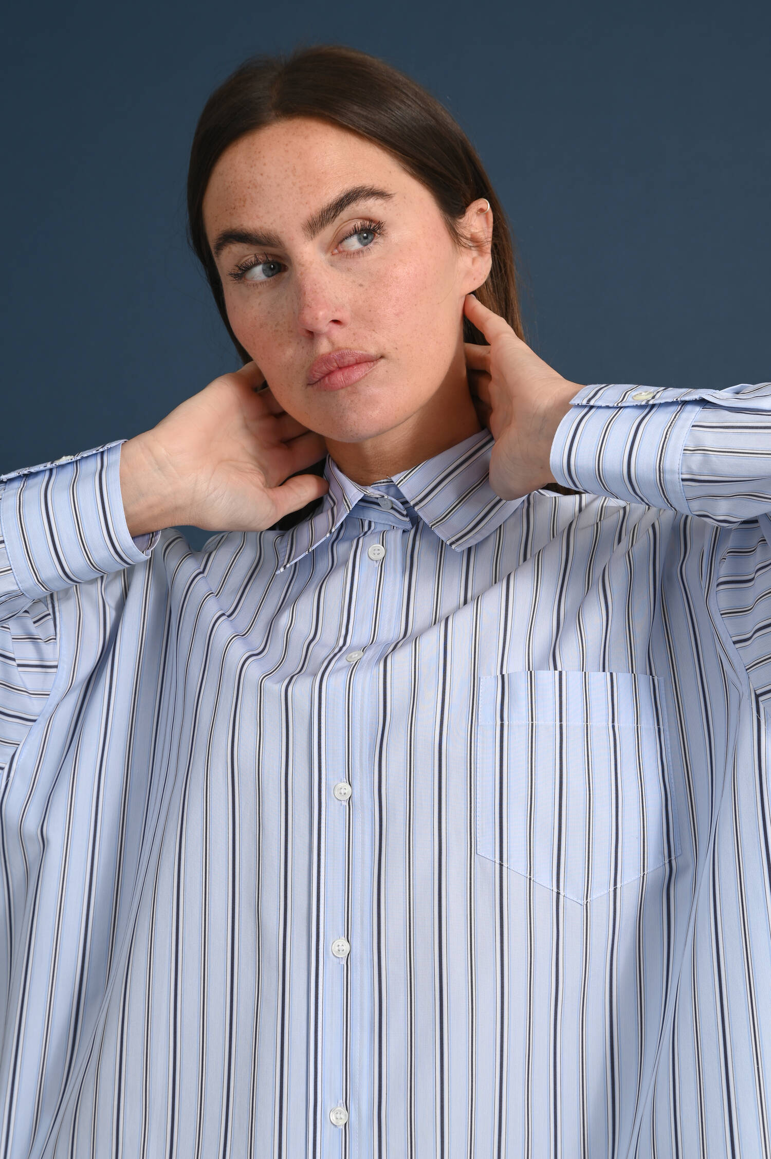 Gestreifte Baumwoll Bluse KASACK in Azurblau/Weiß 