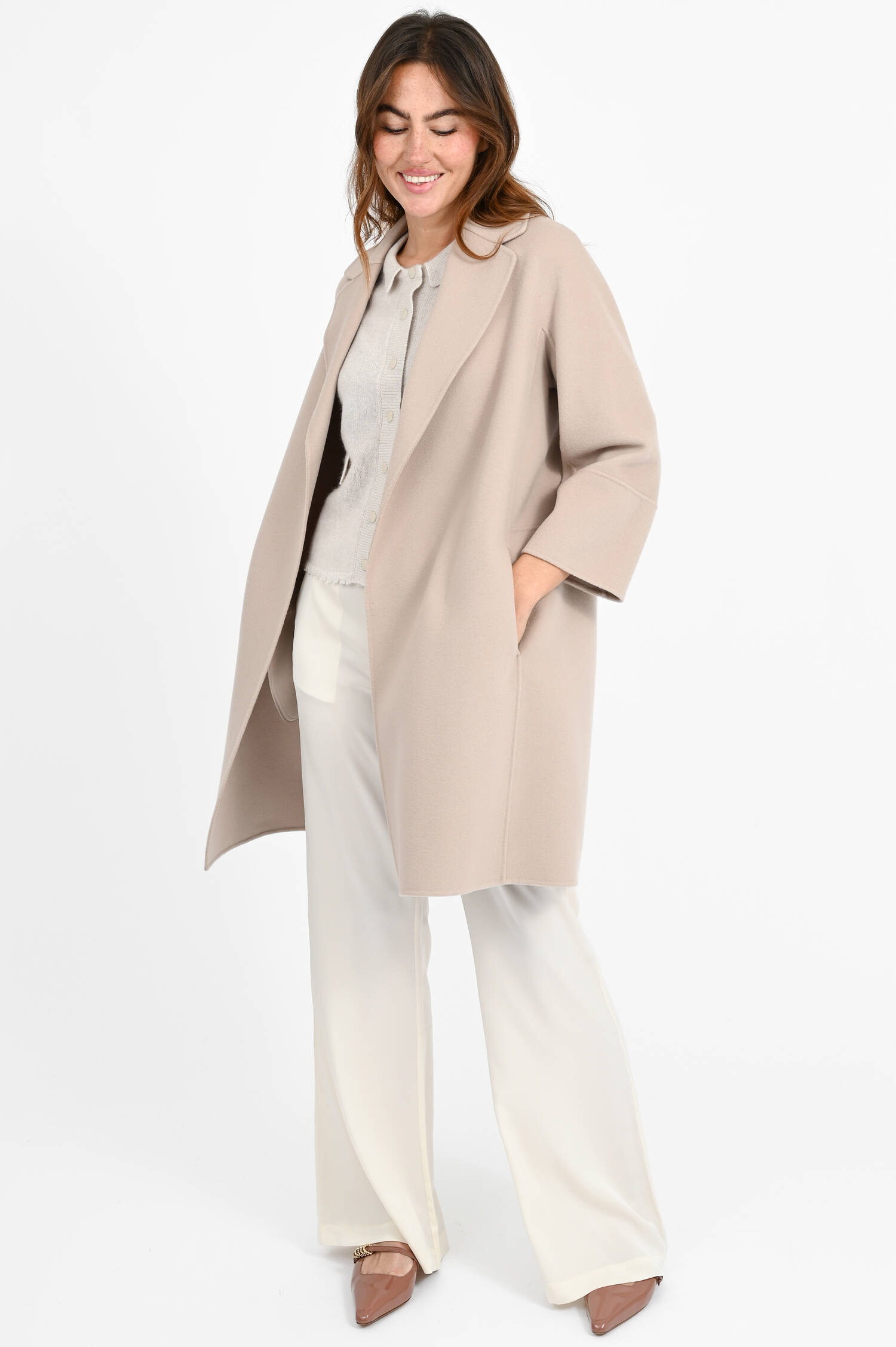 Wollmantel ARONA mit Bindegürtel in Beige/Rosa Wollmantel ARONA mit Bindegürtel in Beige/Rosa