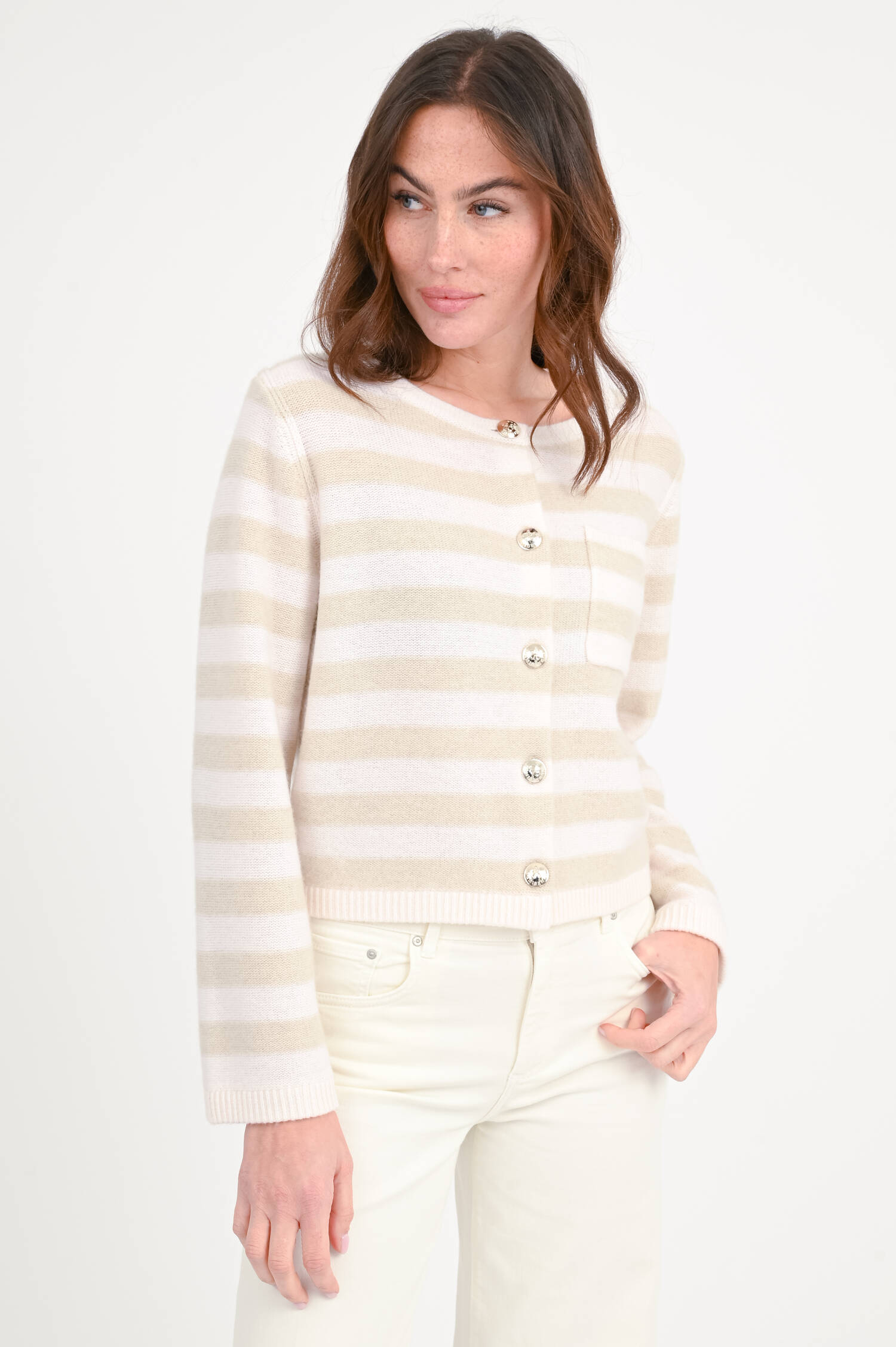 Cashmere-Strickweste in Beige/Natur gestreift