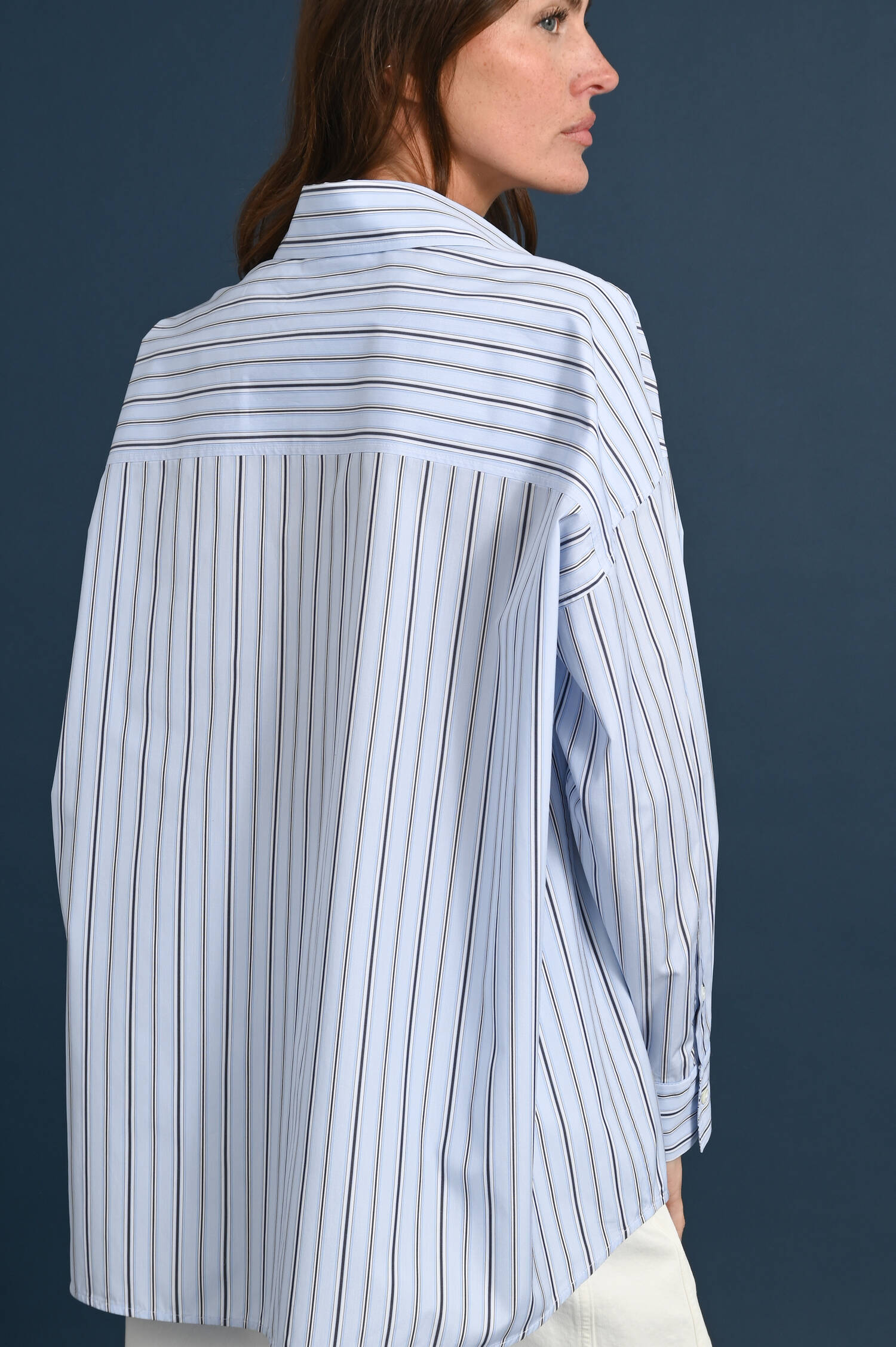 Gestreifte Baumwoll Bluse KASACK in Azurblau/Weiß 