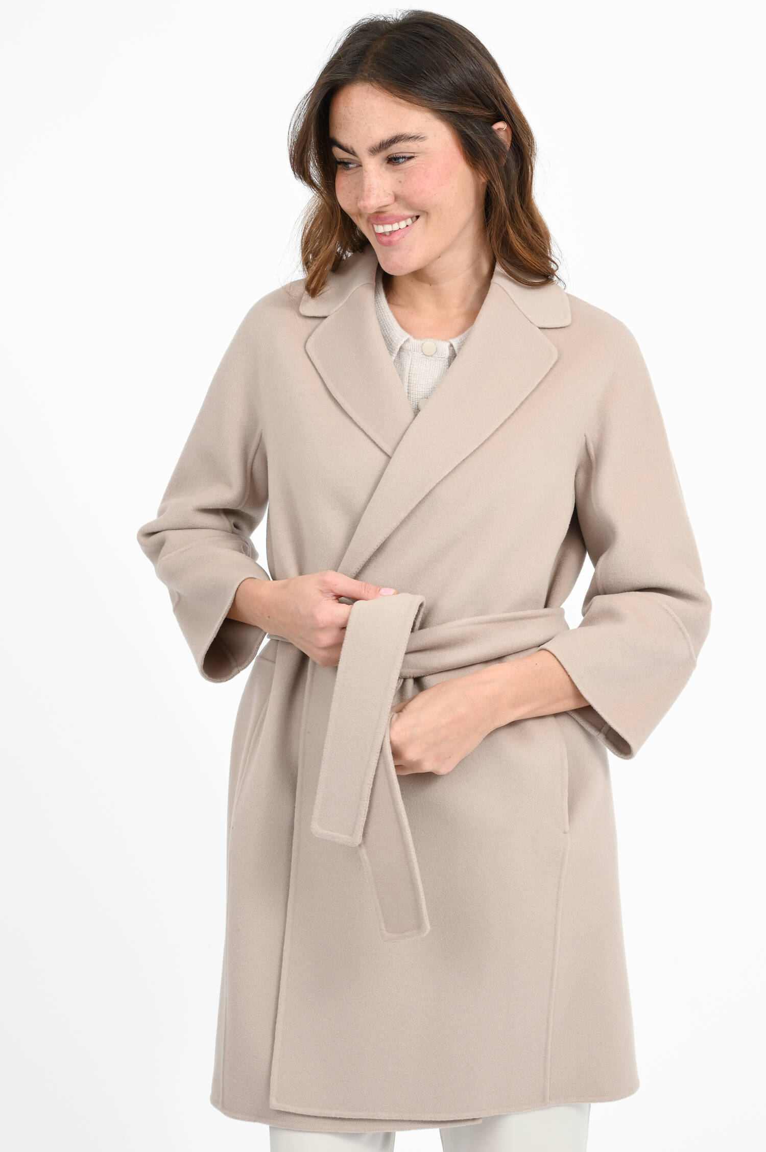 Wollmantel ARONA mit Bindegürtel in Beige/Rosa Wollmantel ARONA mit Bindegürtel in Beige/Rosa