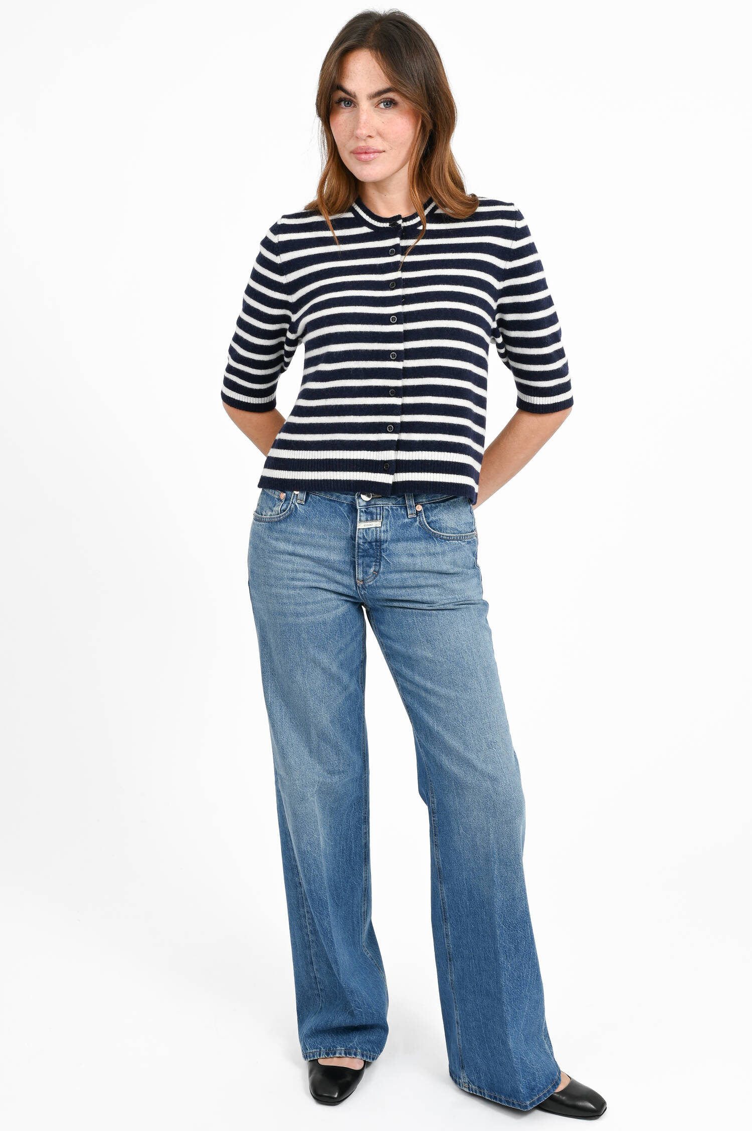 Woll Strickweste mit Streifen in Navy/White Woll Strickweste mit Streifen in Navy/White