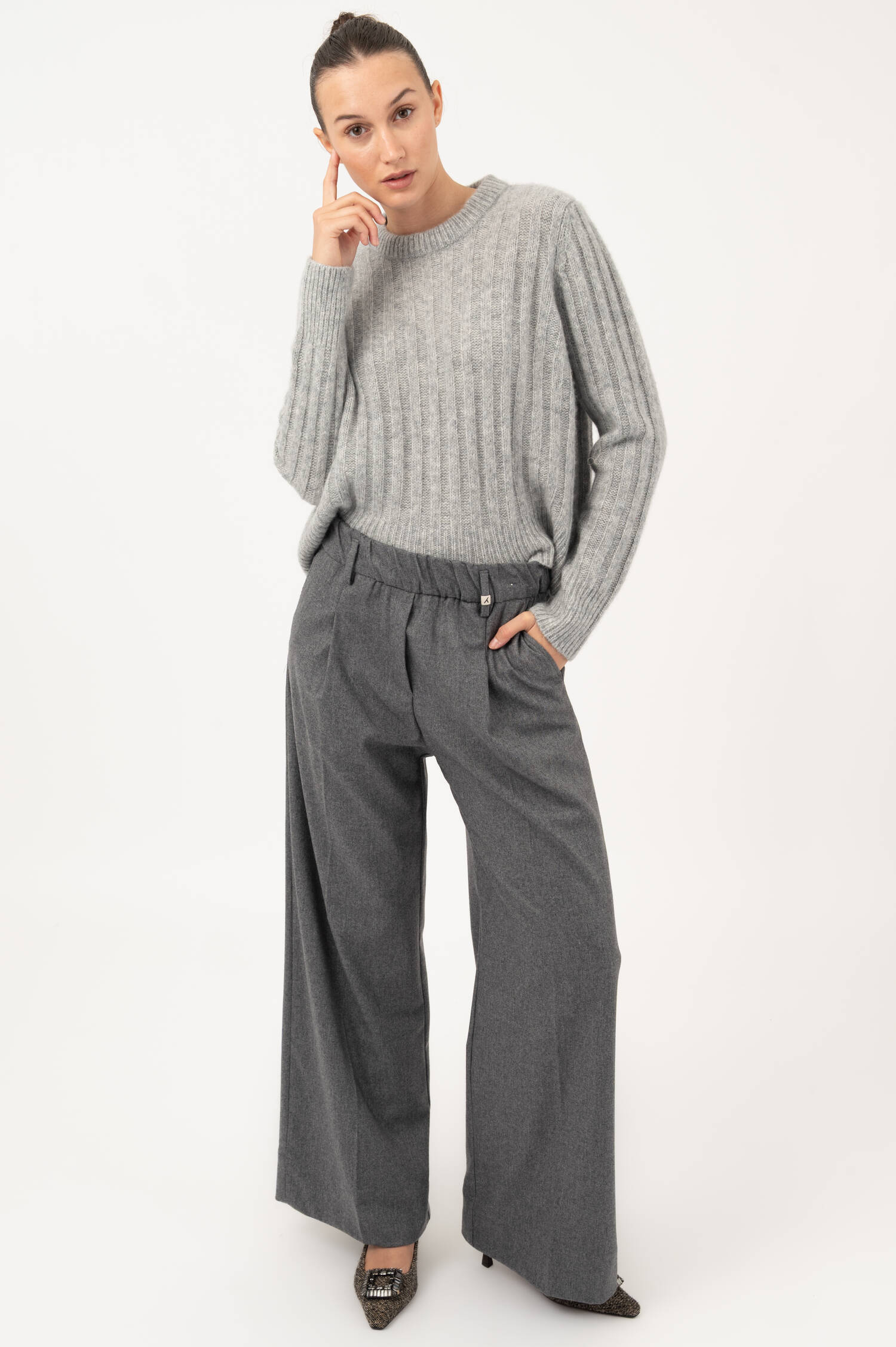 Weite Woll-Mix Hose in Grau meliert