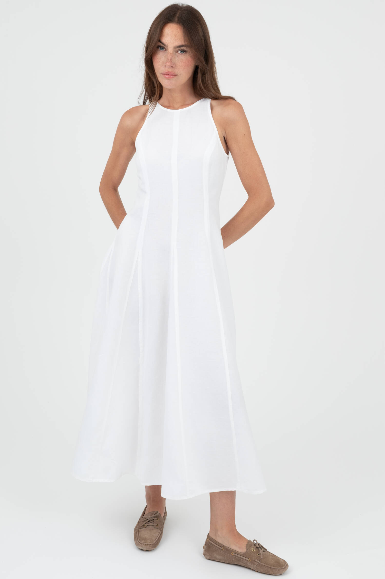 Midi Kleid aus Leinenmix in Weiß