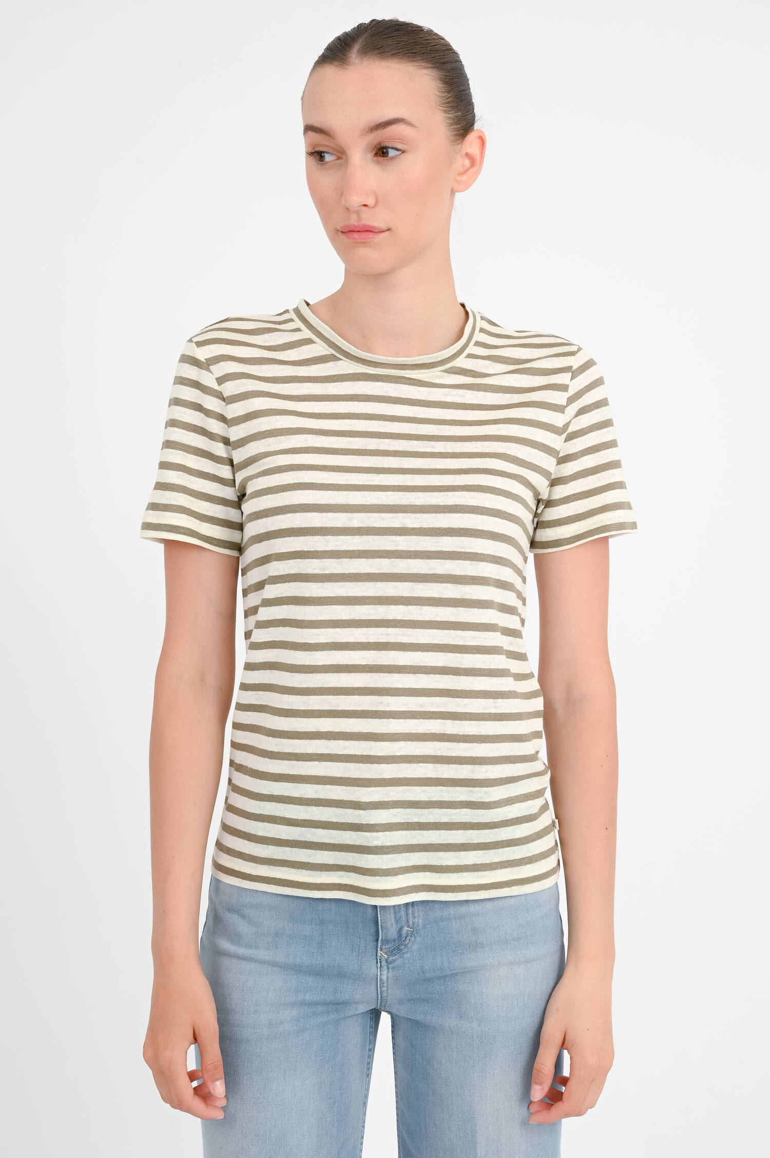 Gestreiftes Leinen-Shirt in Khaki/Weiß