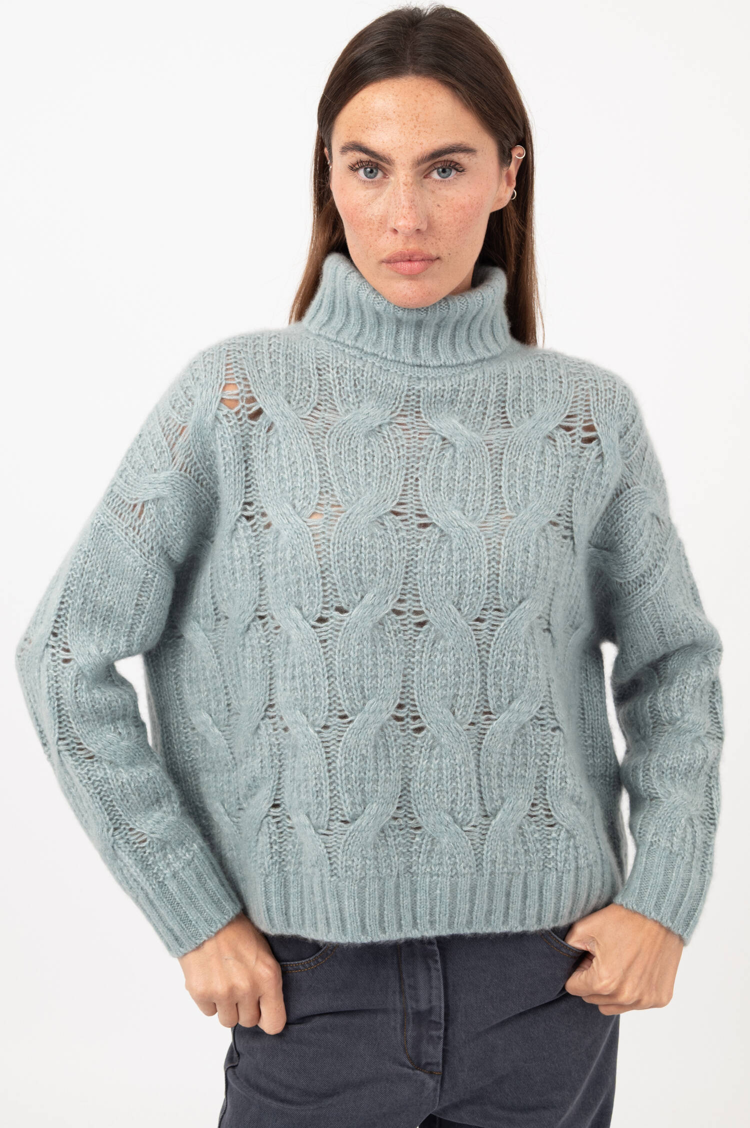 Zopfstrick-Rollkragen-Pullover in Blau