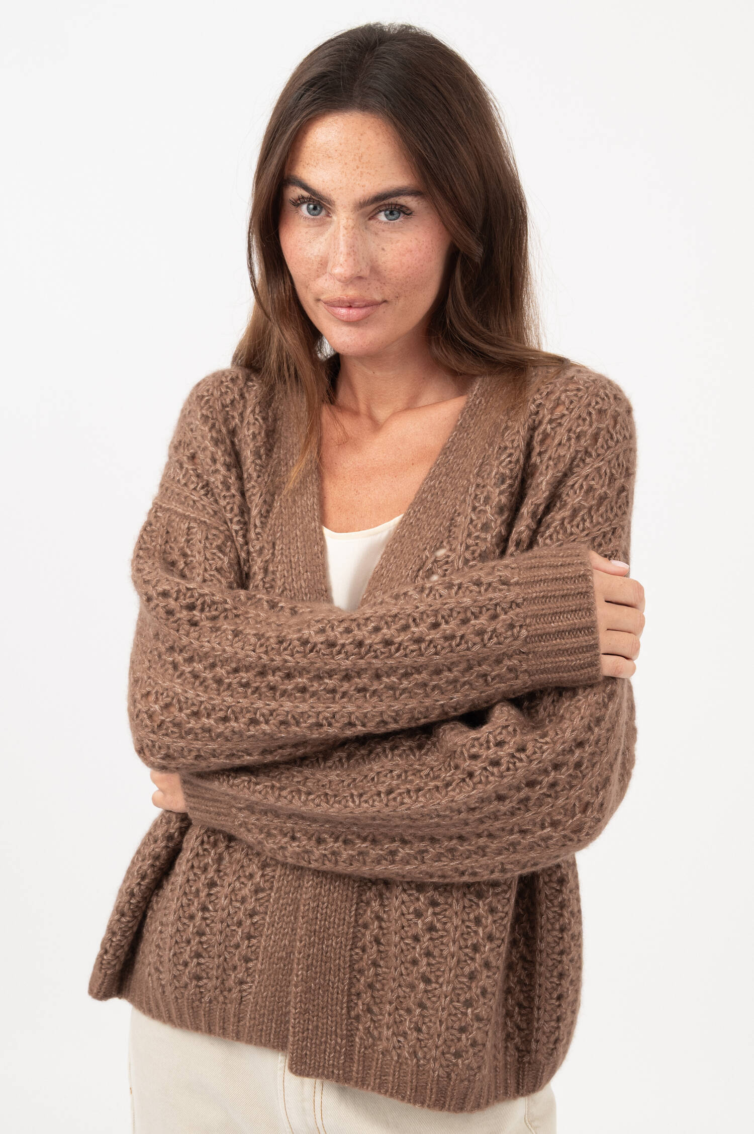 Cashmeremix-Lochstrick-Cardigan in Braun
