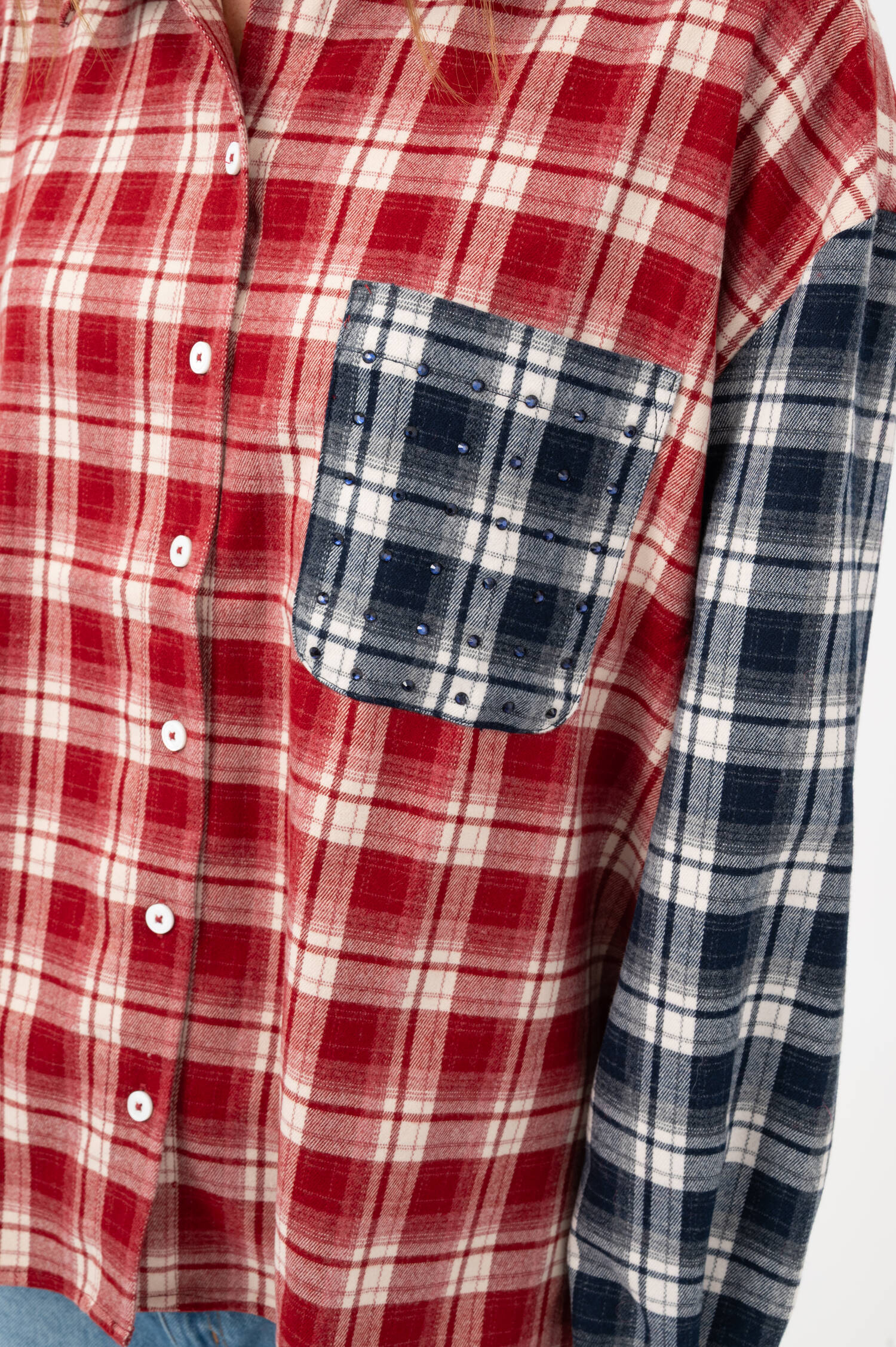 Flanell Bluse in Rot//Blau/Off-White