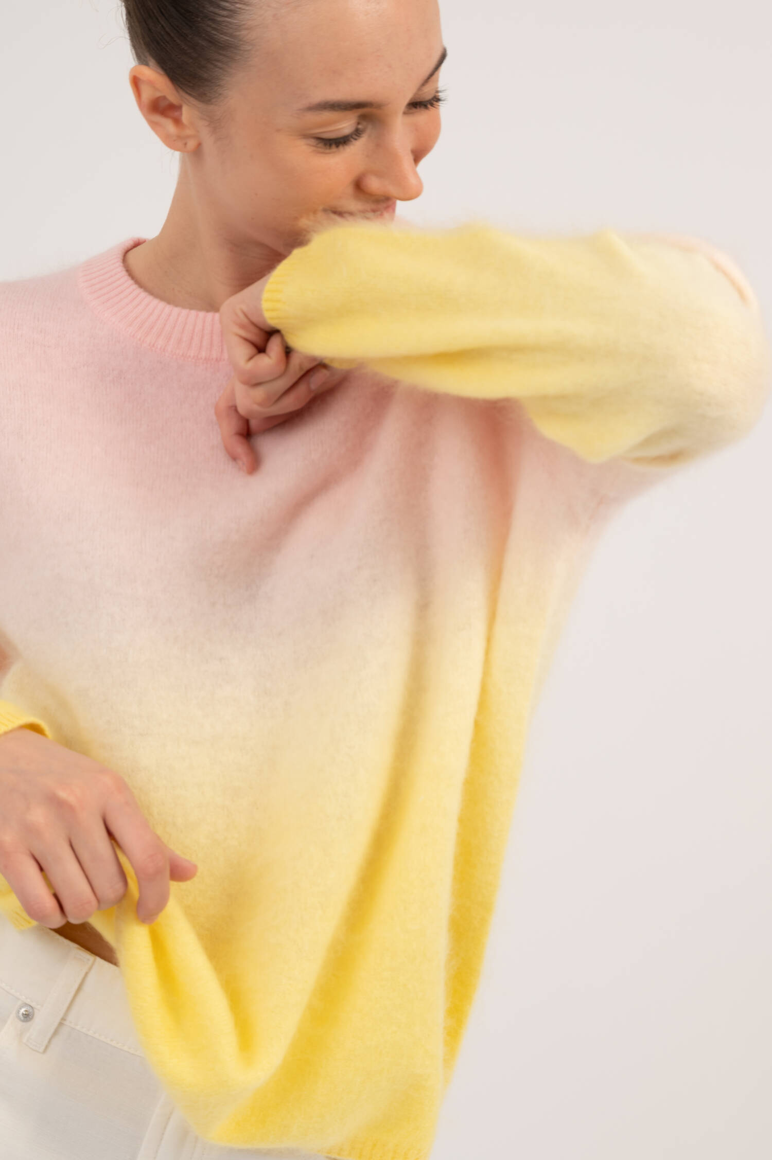 Hairy Cashmere-Woll Pullover YORK in Rosa/Gelb