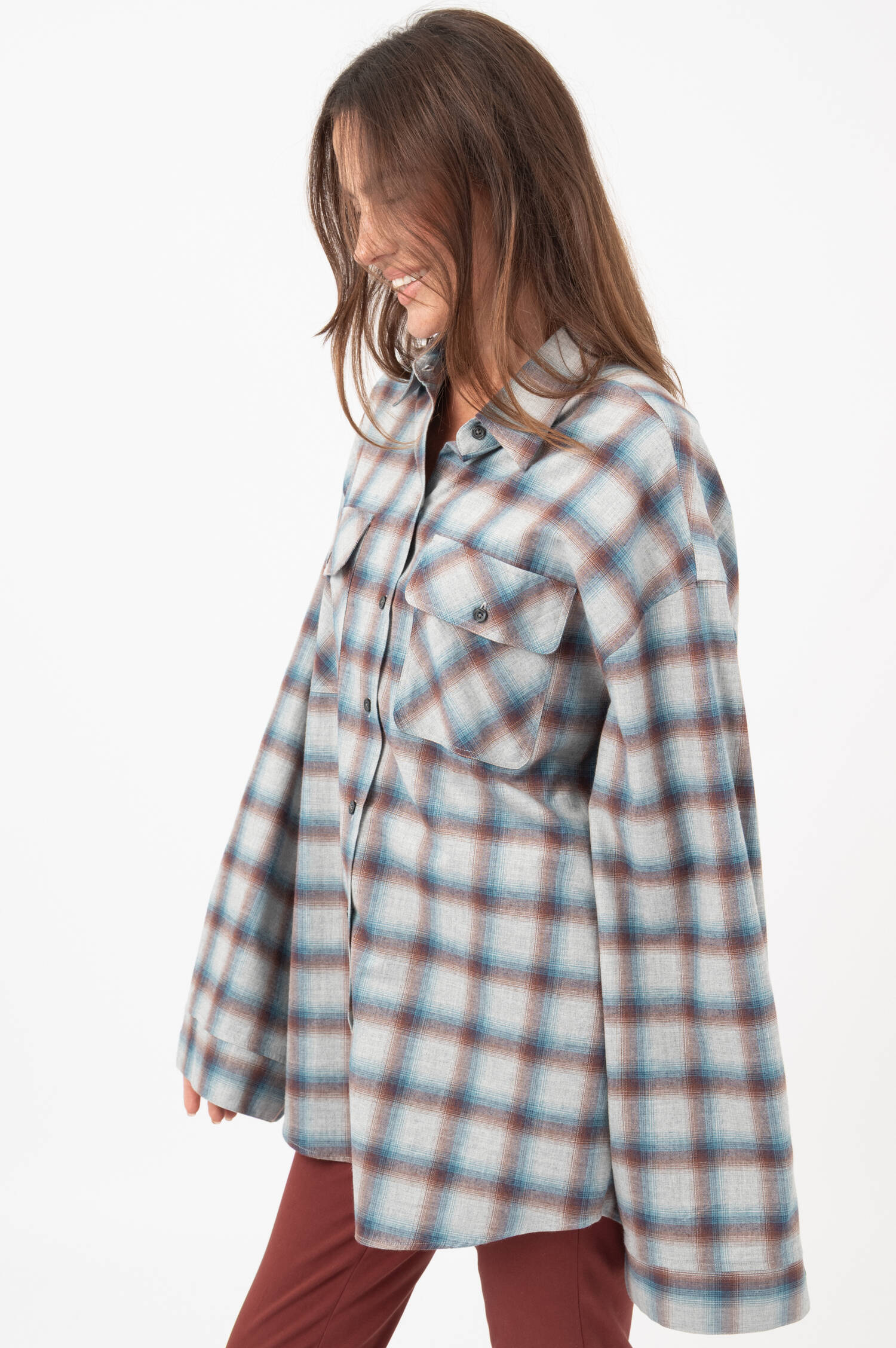 Flanellbluse in Blau/Braun