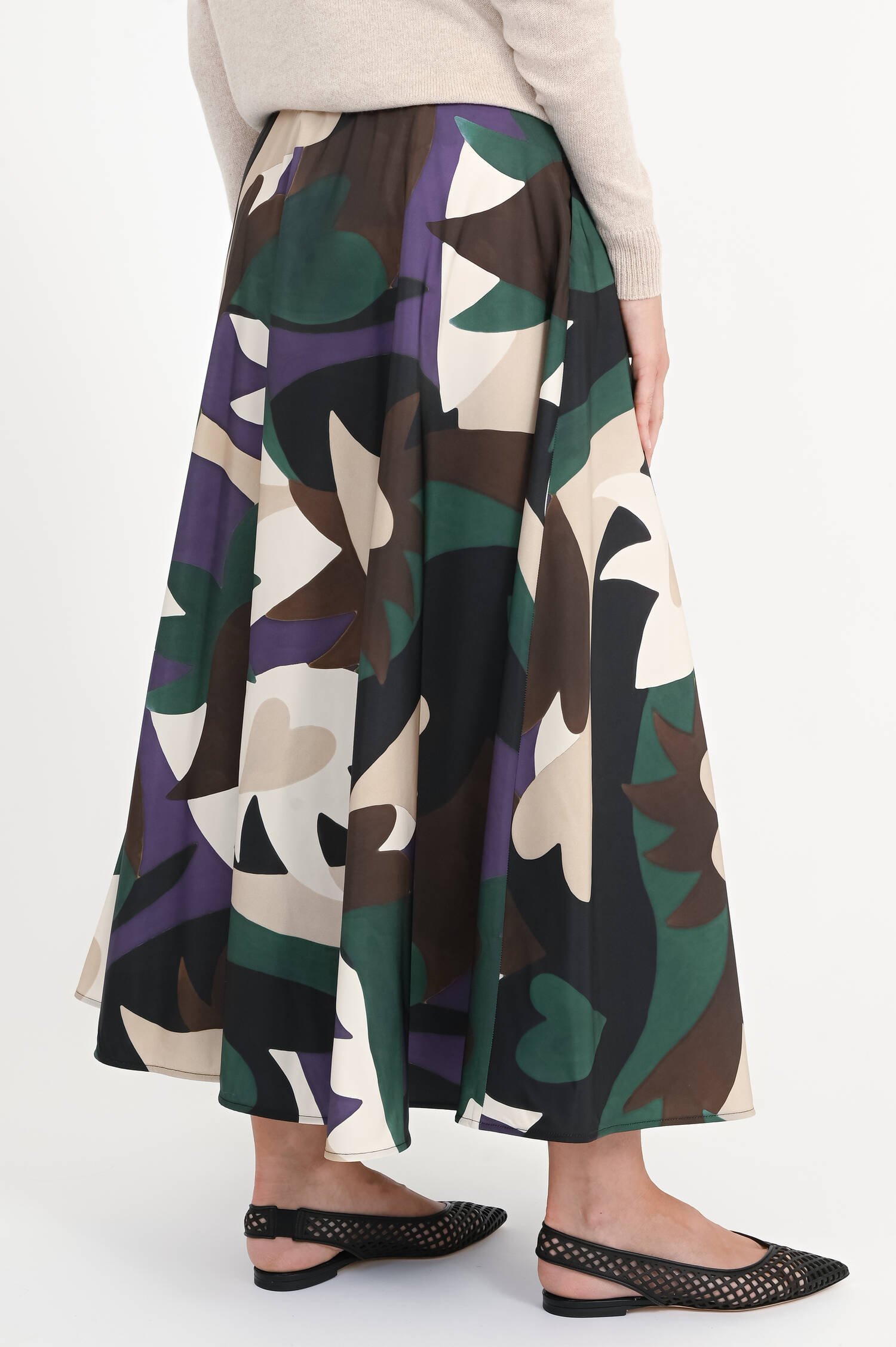 Gemusterter-Midi-Rock in Grün/Schwarz/Violett