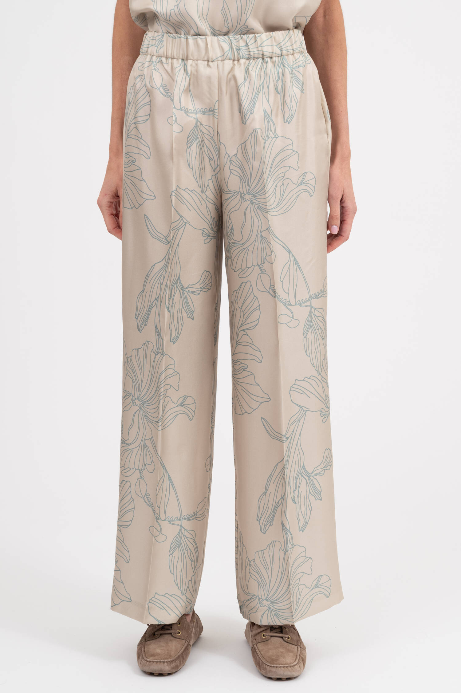Seidehose mit Print in Creme