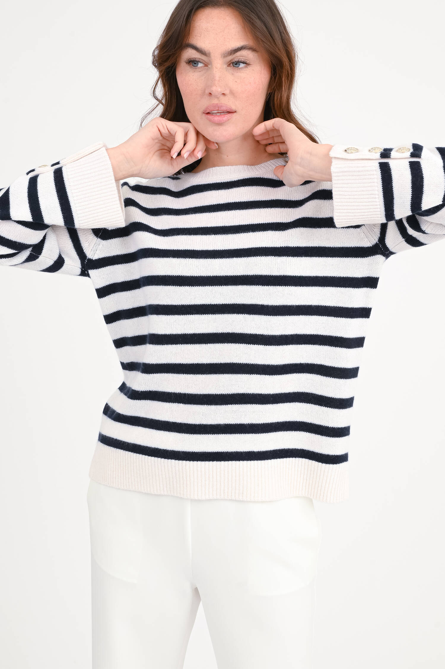 Gestreifter Pullover aus Cashmere in Navy/Weiß Gestreifter Pullover aus Cashmere in Navy/Weiß