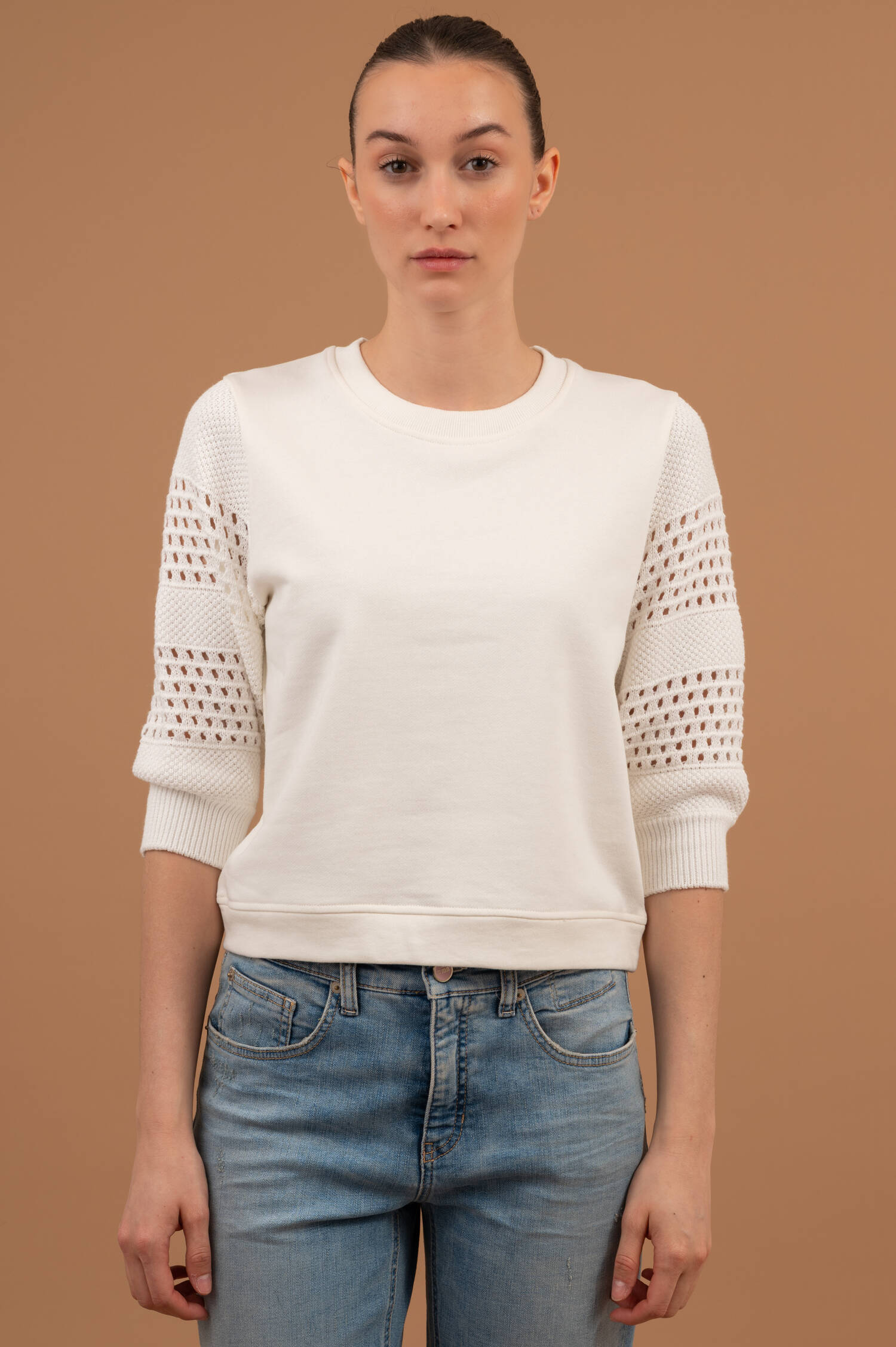 Sweatpullover mit Lochstrick Details in Off-White