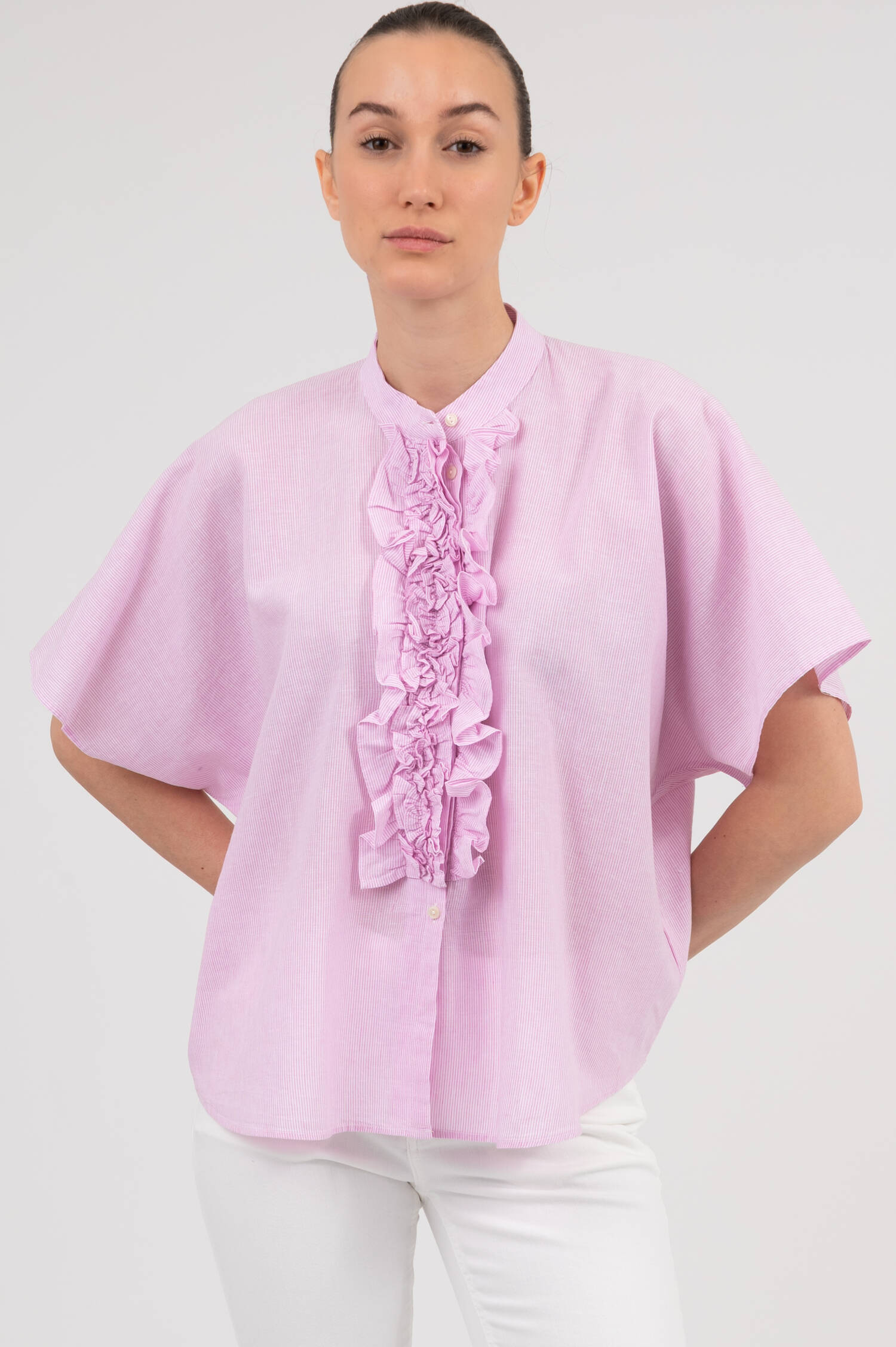 Bluse DAISY mit Rüschen in Rosa/Weiß