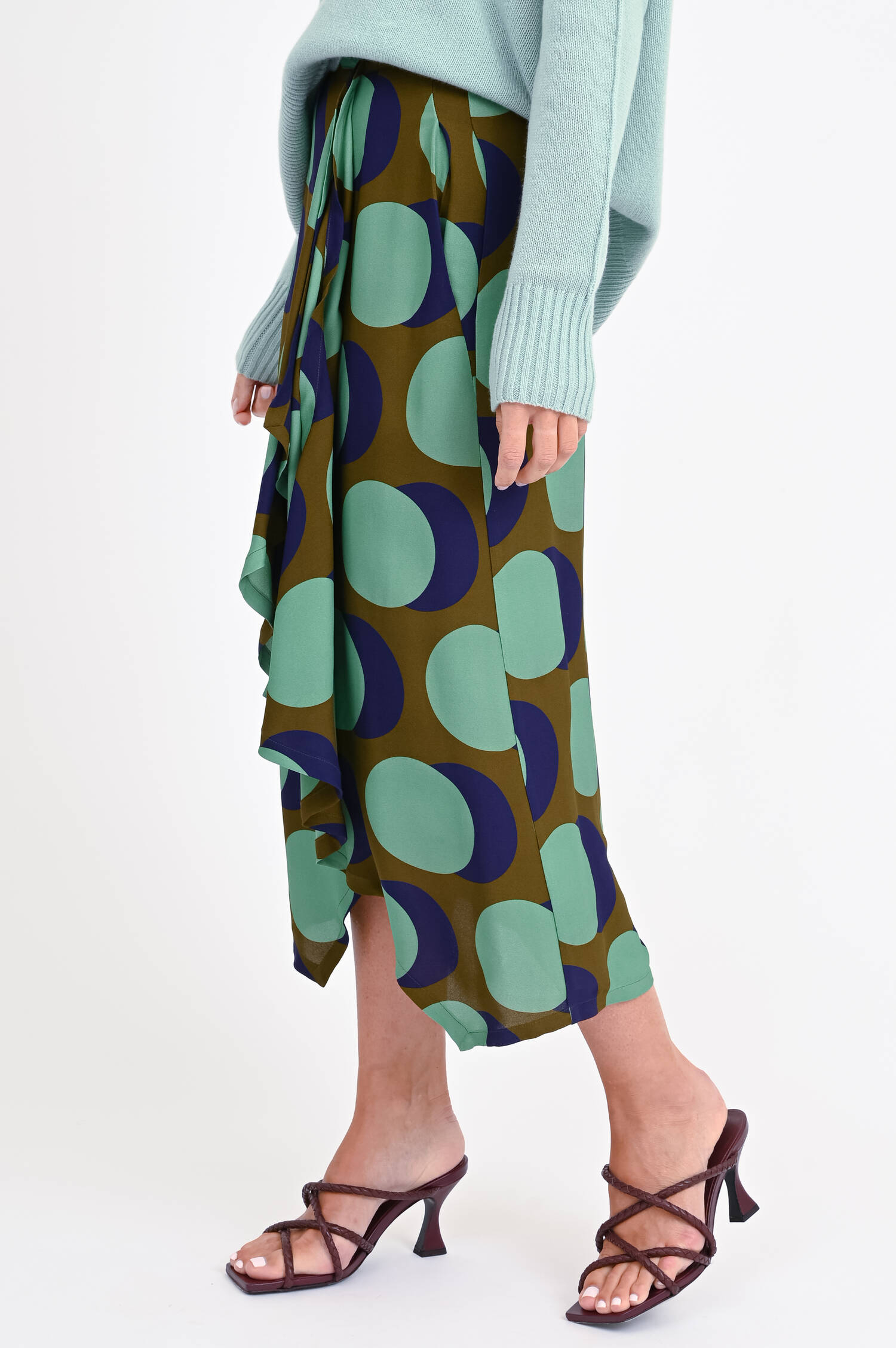 Midi-Rock mit Volants in Oliv/Grün/Blau