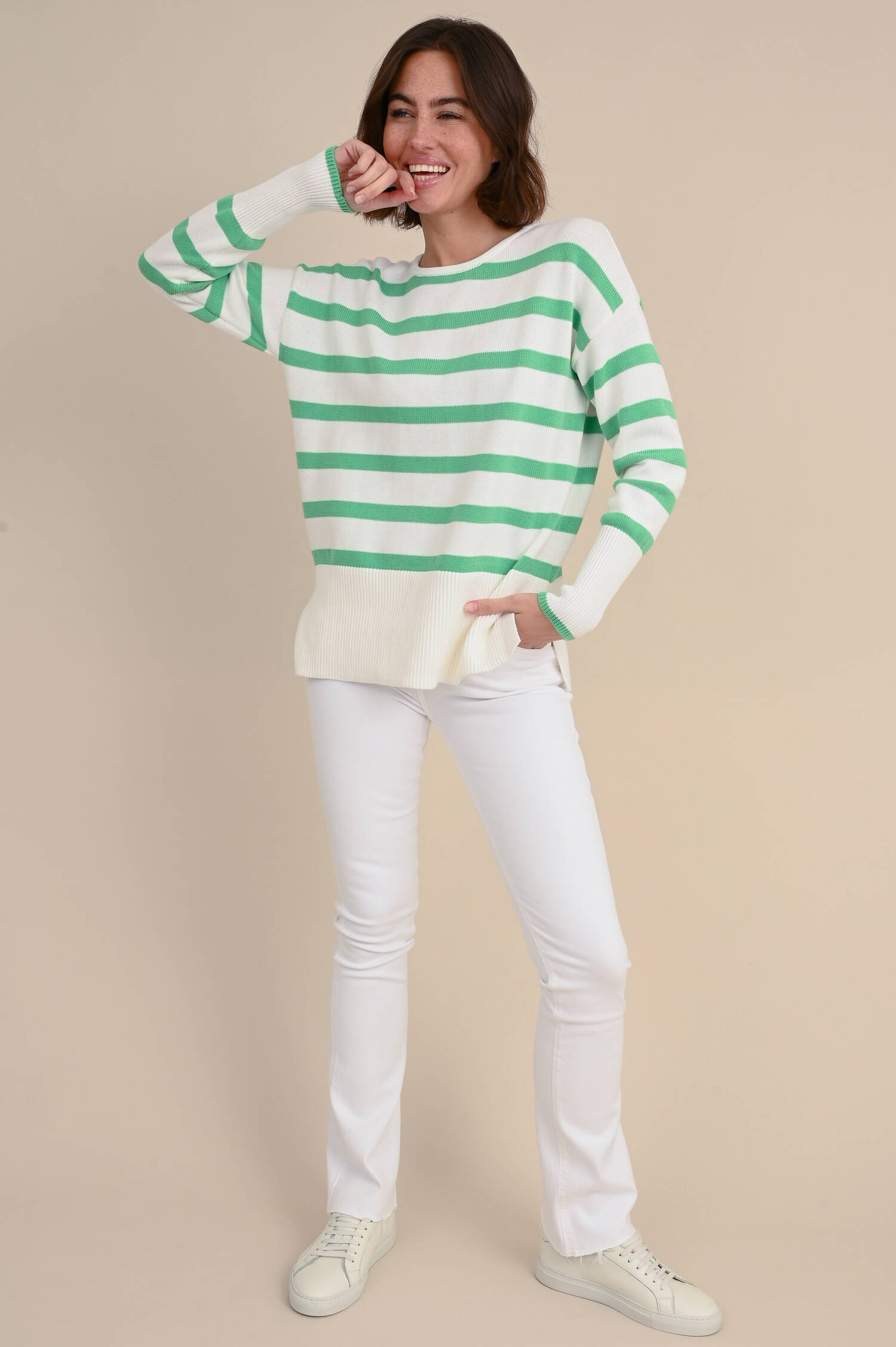 Baumwolle Pullover in Weiß/Grün gestreift