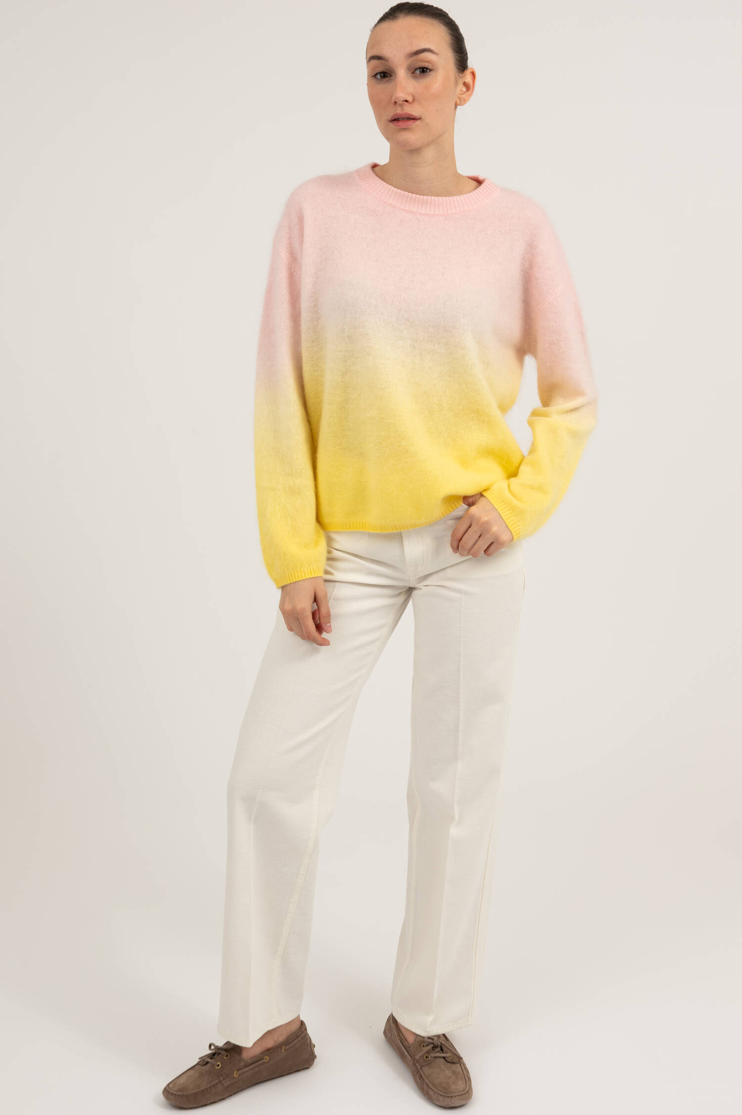 Hairy Cashmere-Woll Pullover YORK in Rosa/Gelb