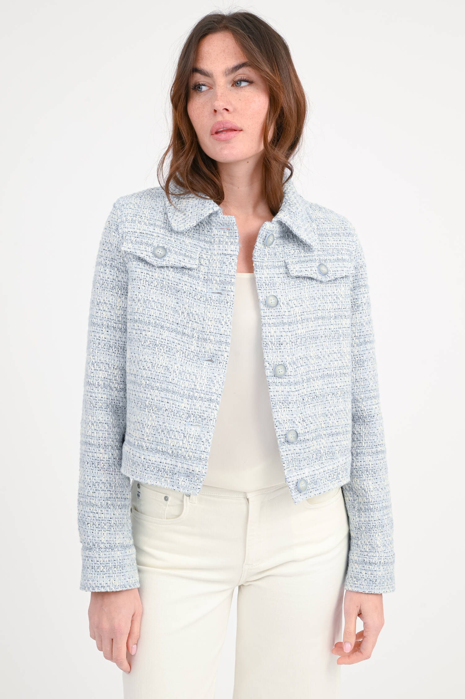 Boucle-Jacke in Hellblau/Weiß