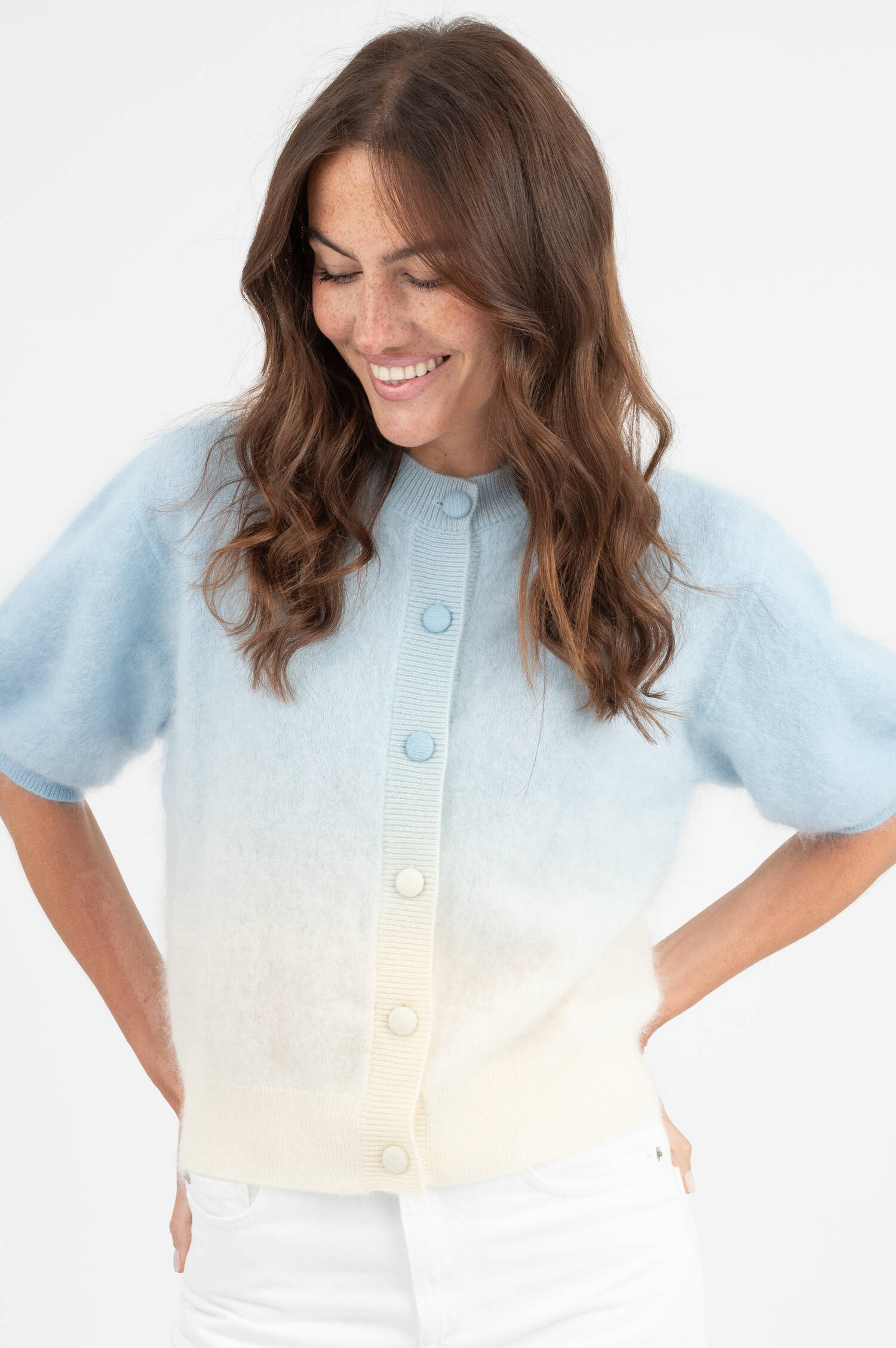 Cashmere-Wolle Cardigan in Blau/Weiß