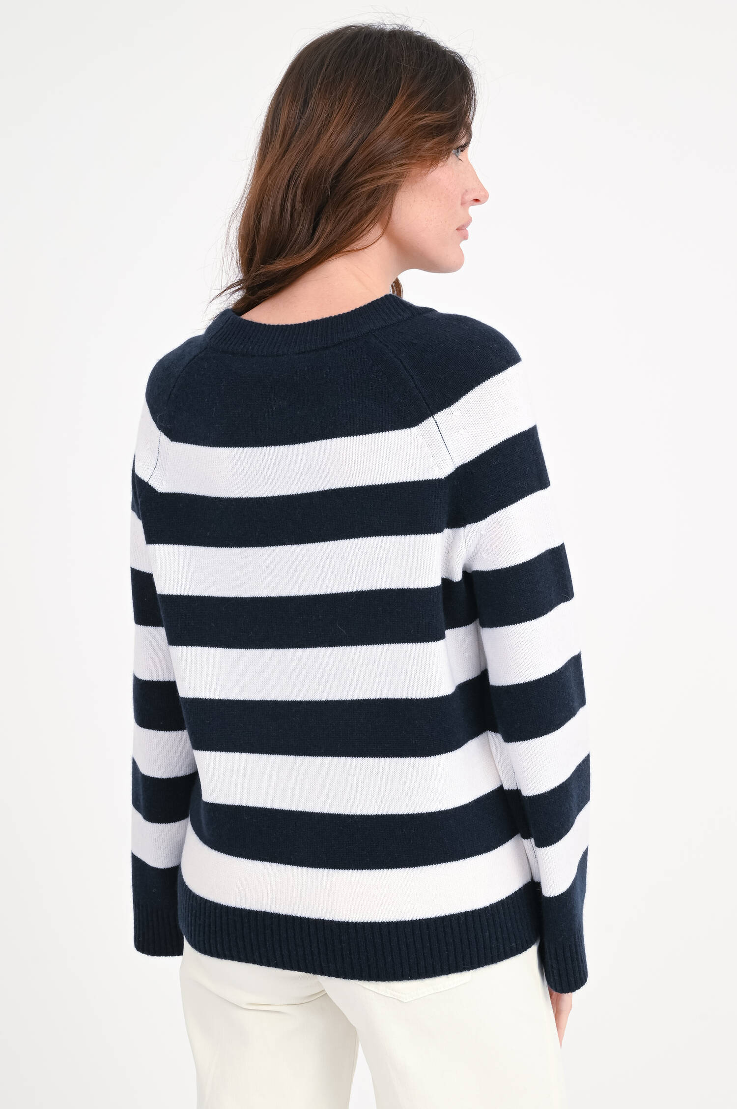 Pullover aus Woll-Cash-Mix in Navy/Weiß gestreift