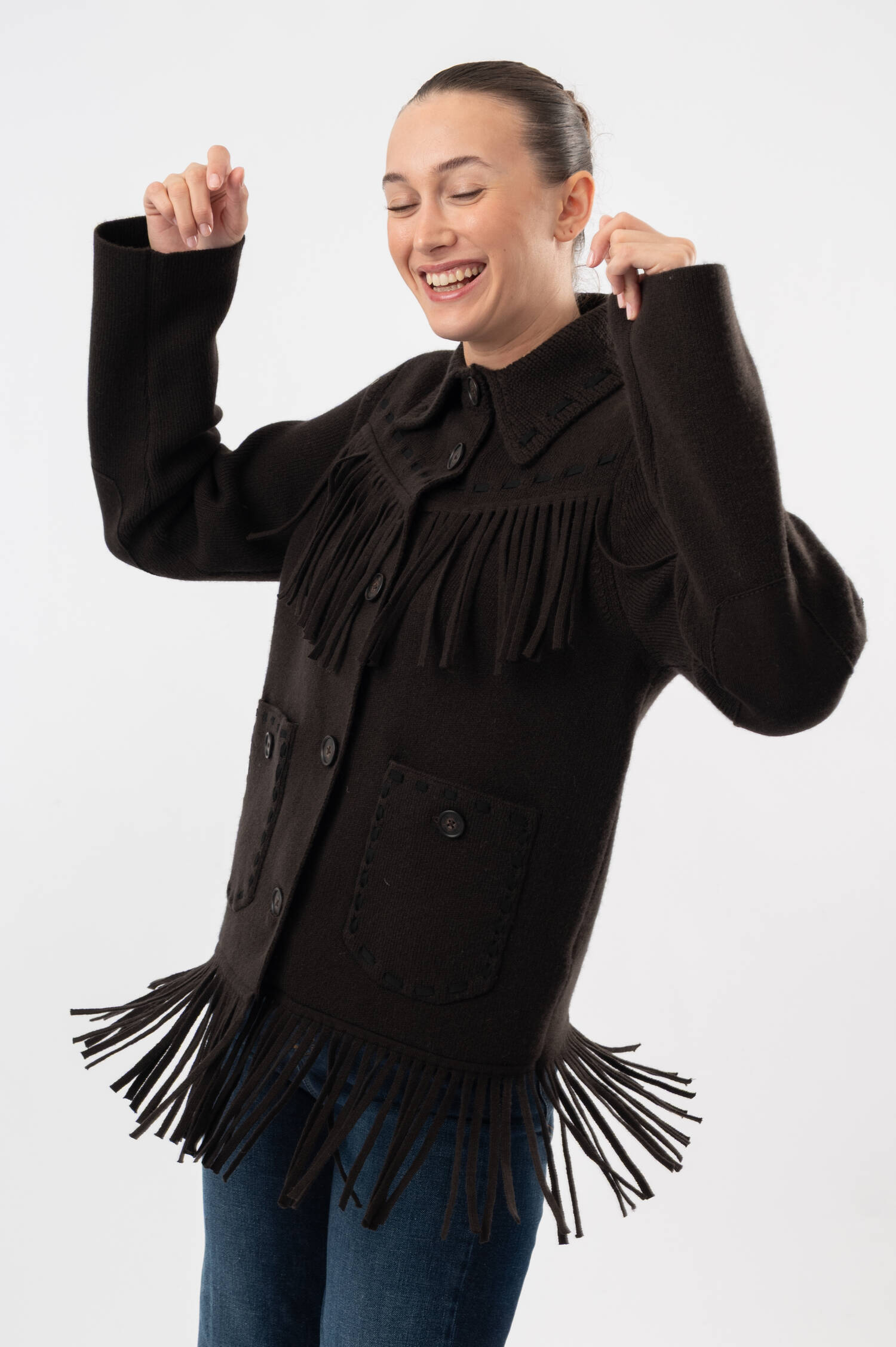 Cashmere-Woll-Western-Fransenjacke in Dunkelbraun