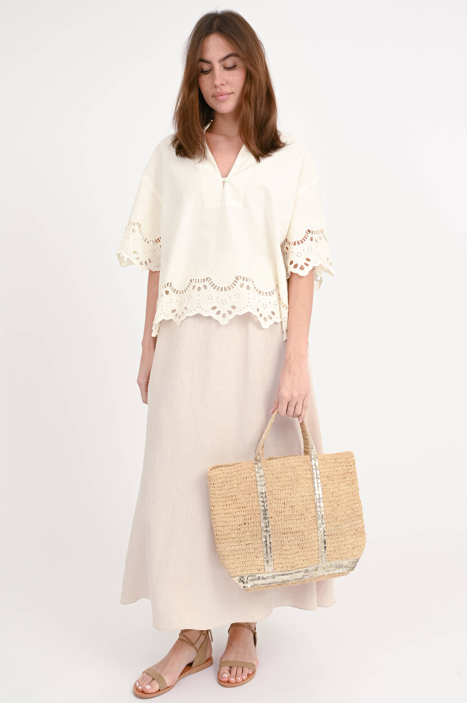 Bast-Tasche CABA M mit Pailletten-Detail in Natur