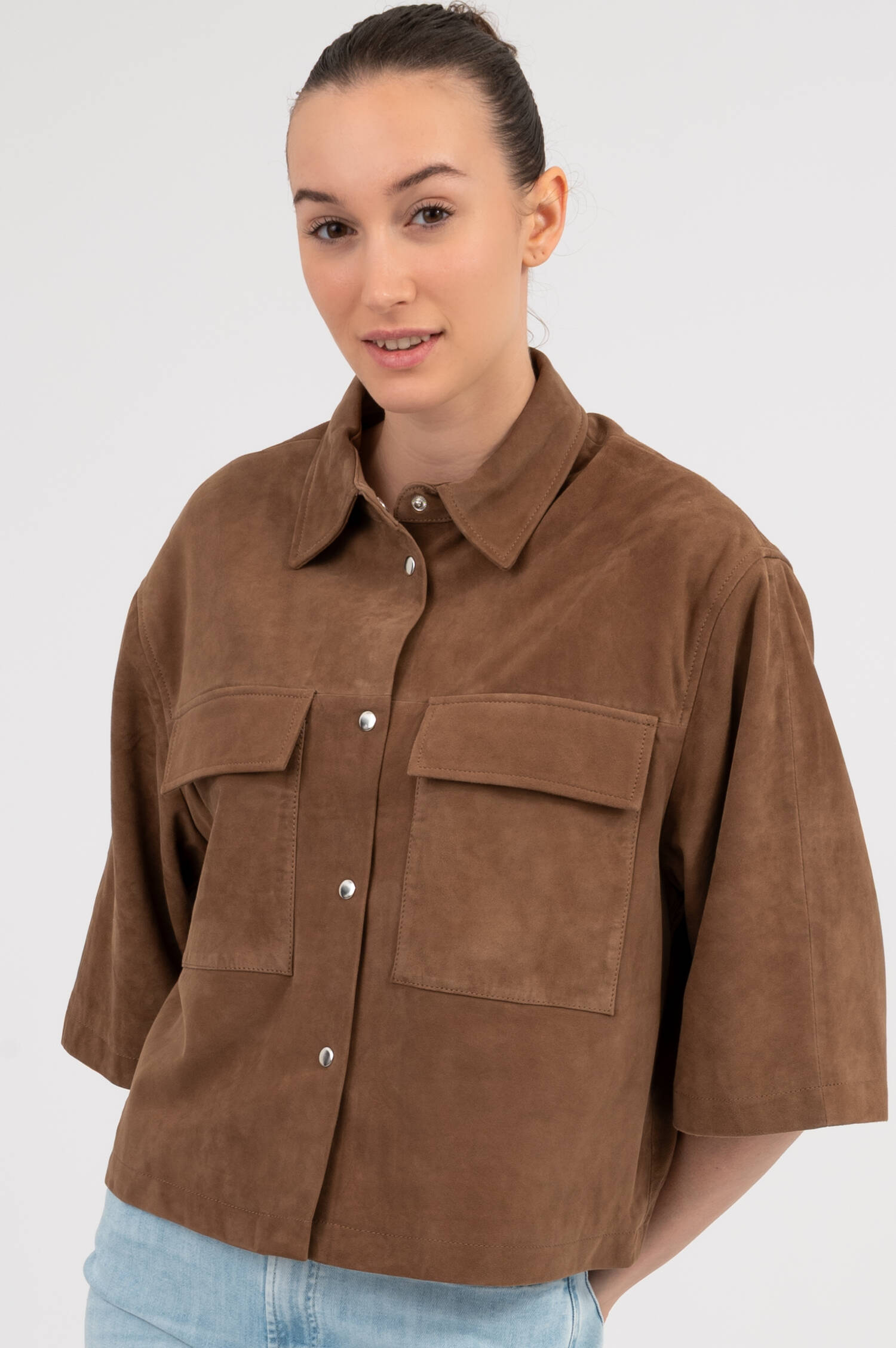 Boxy Suede Lederjacke in Woodbraun