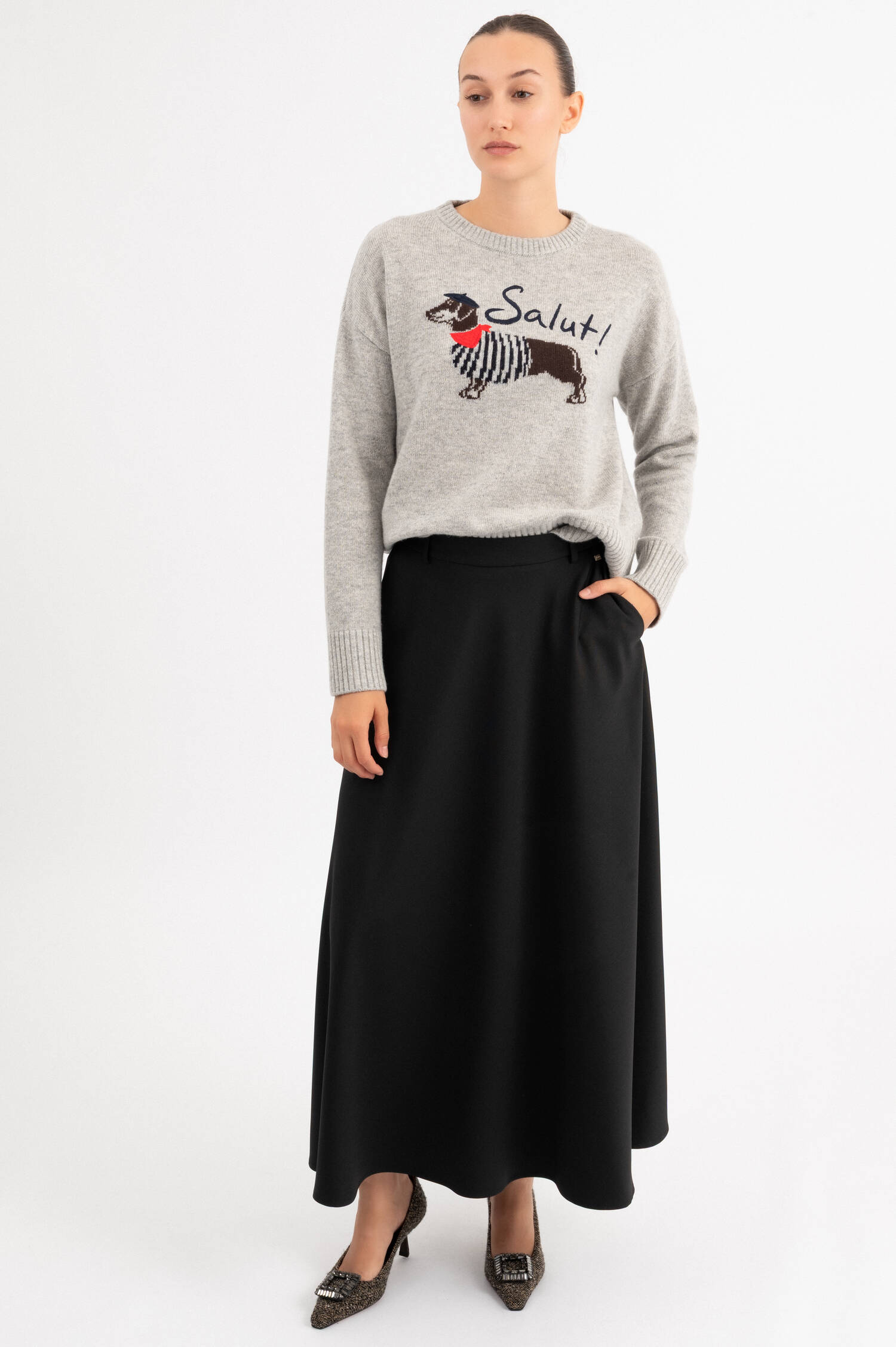 Woll-Pullover mit Dackelmotiv in Grau meliert