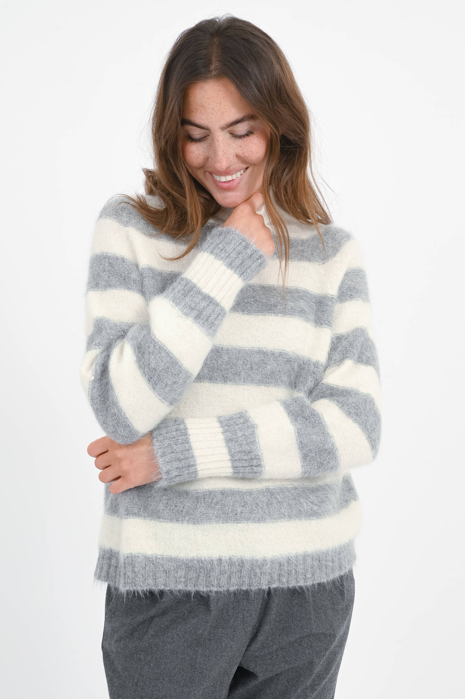 Alpaka Pullover mit Querstreifen in Natur/Grau