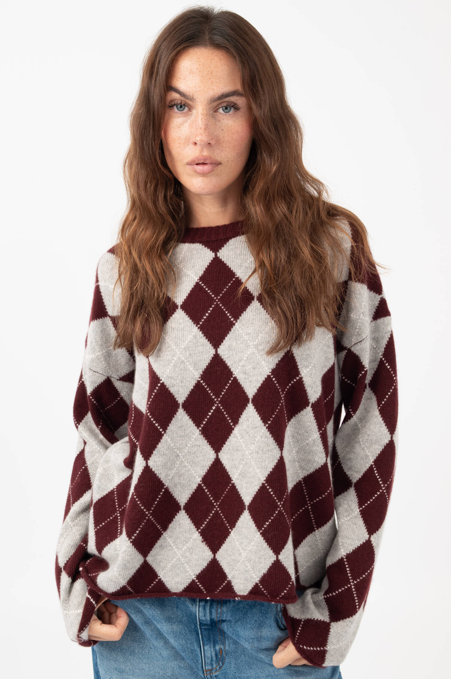 Rauten Woll-Pullover in Bordeaux/Grau