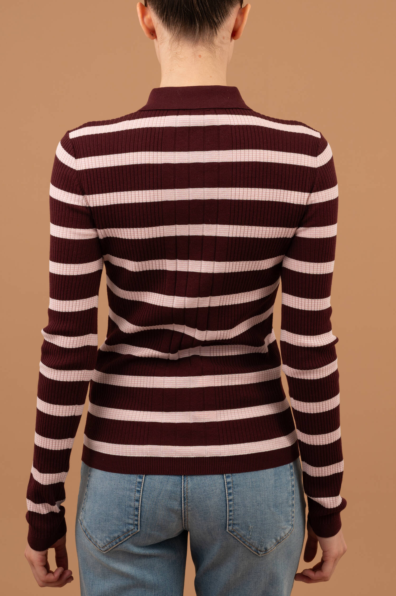 Rippstrick Polo in Burgund/Rosa/Weiß gestreift