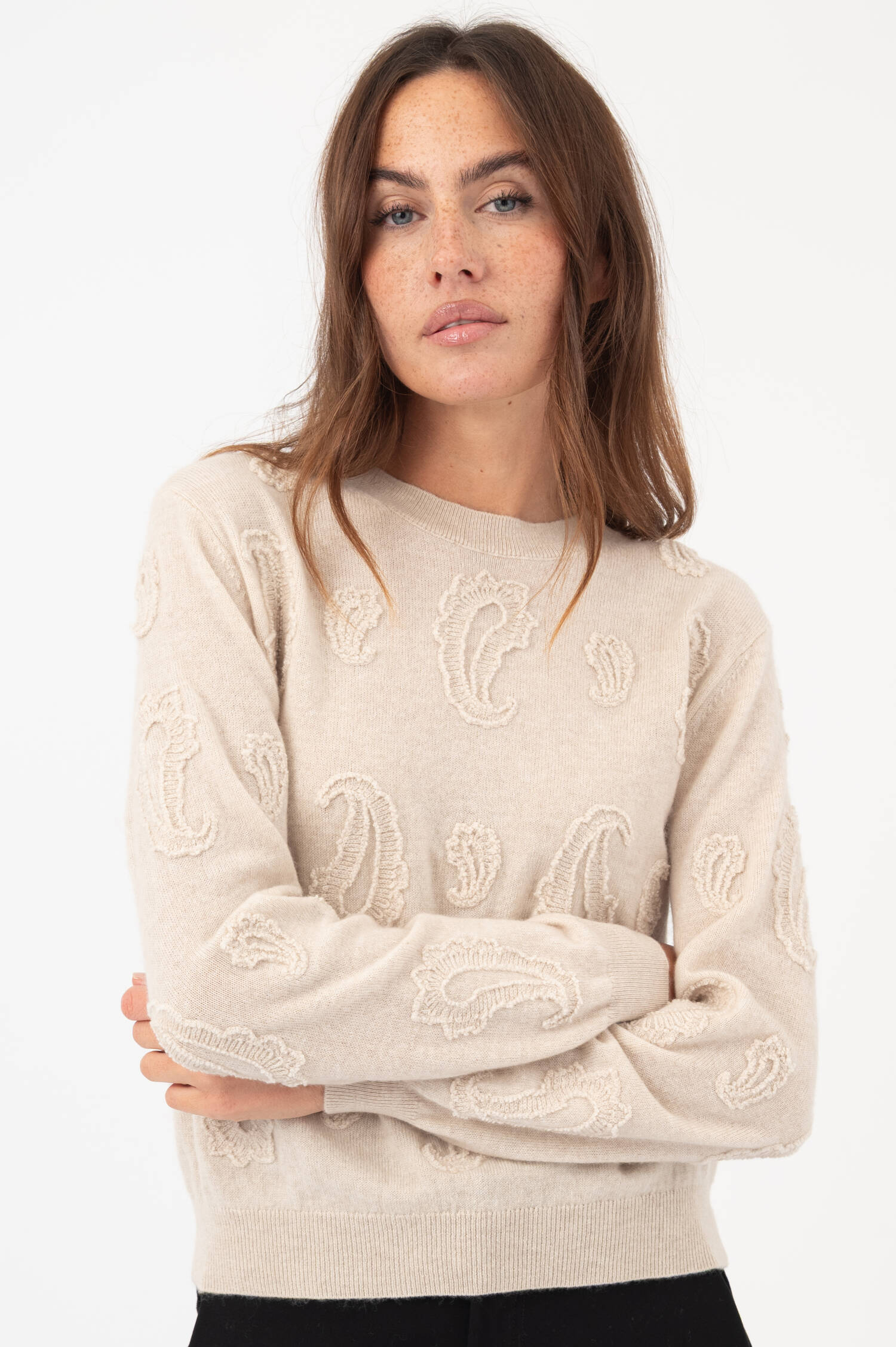 Woll-Cashmere-Pullover mit Paisley Motiv in Beige Woll-Cashmere-Pullover mit Paisley Motiv in Beige