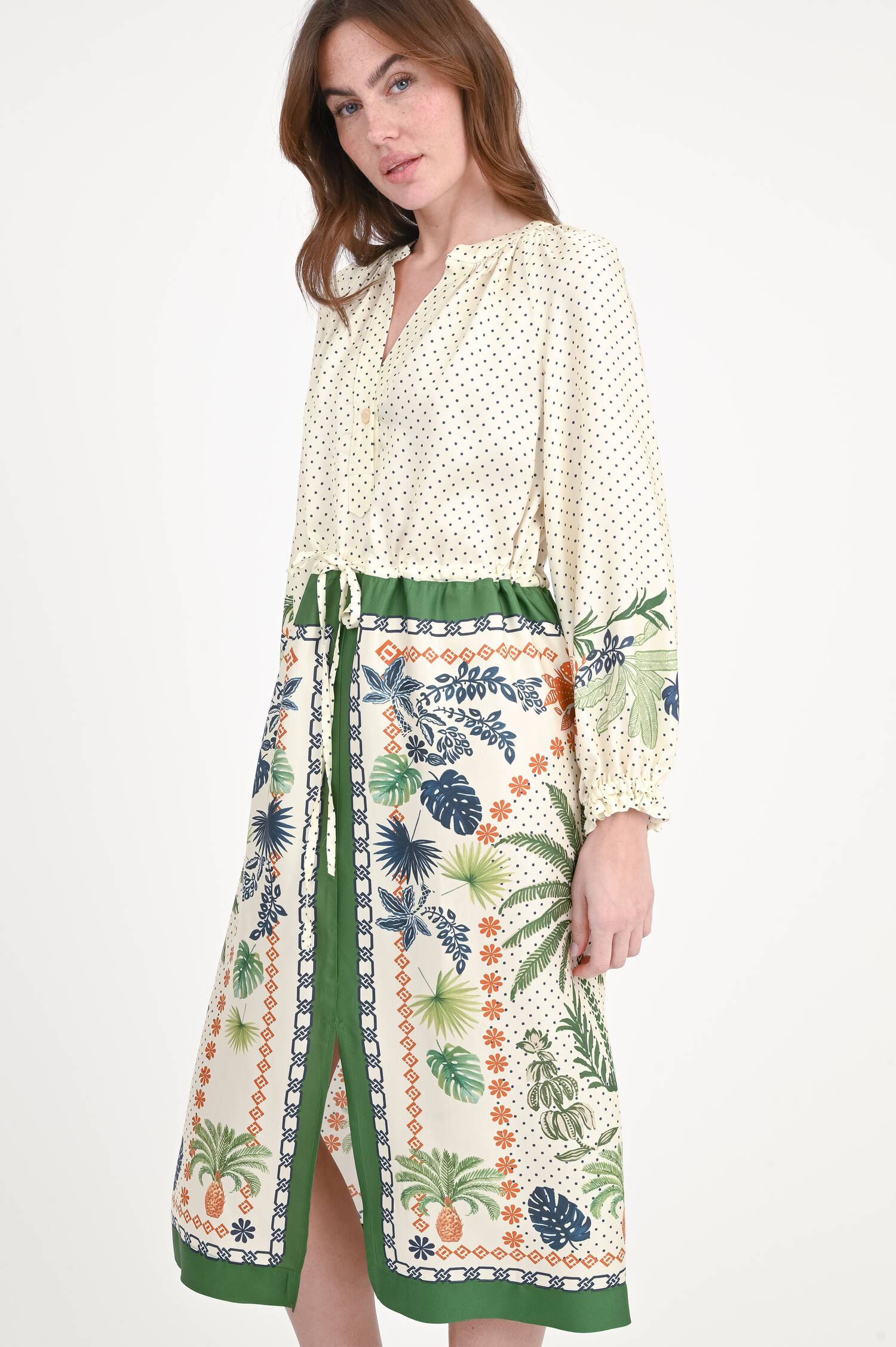 Gemustertes Kleid MAHALIA in Creme/Grün/Multicolor