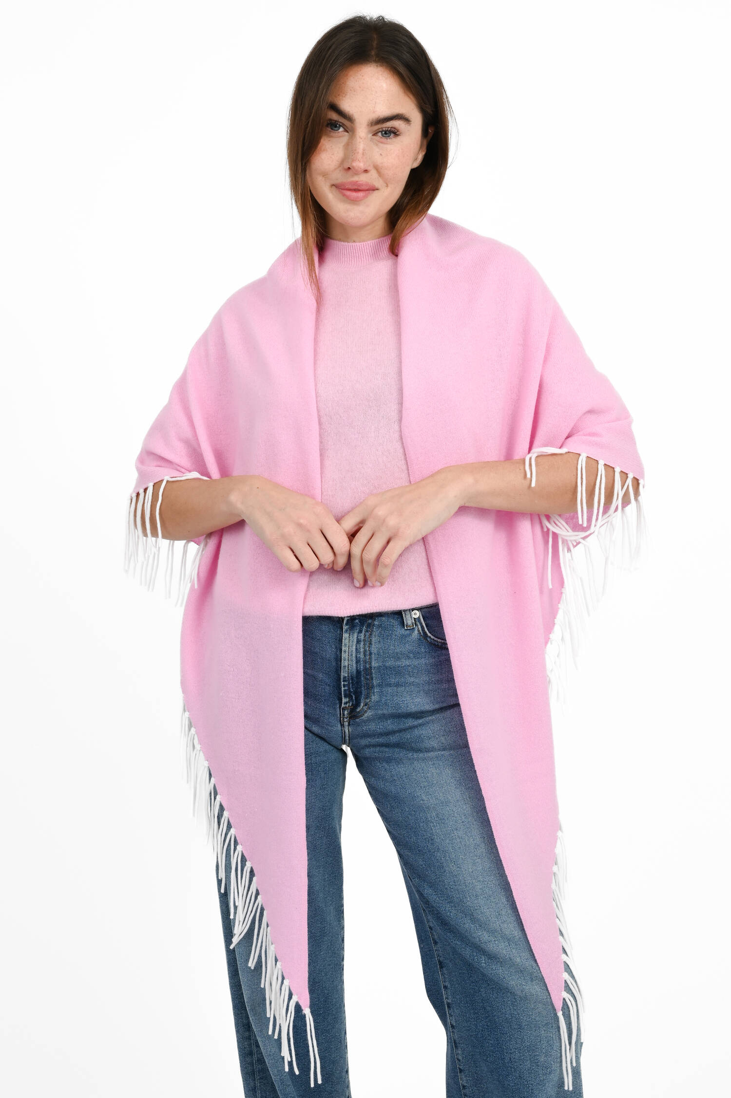 Dreieckstuch mit Fransen in Weiß/Pink