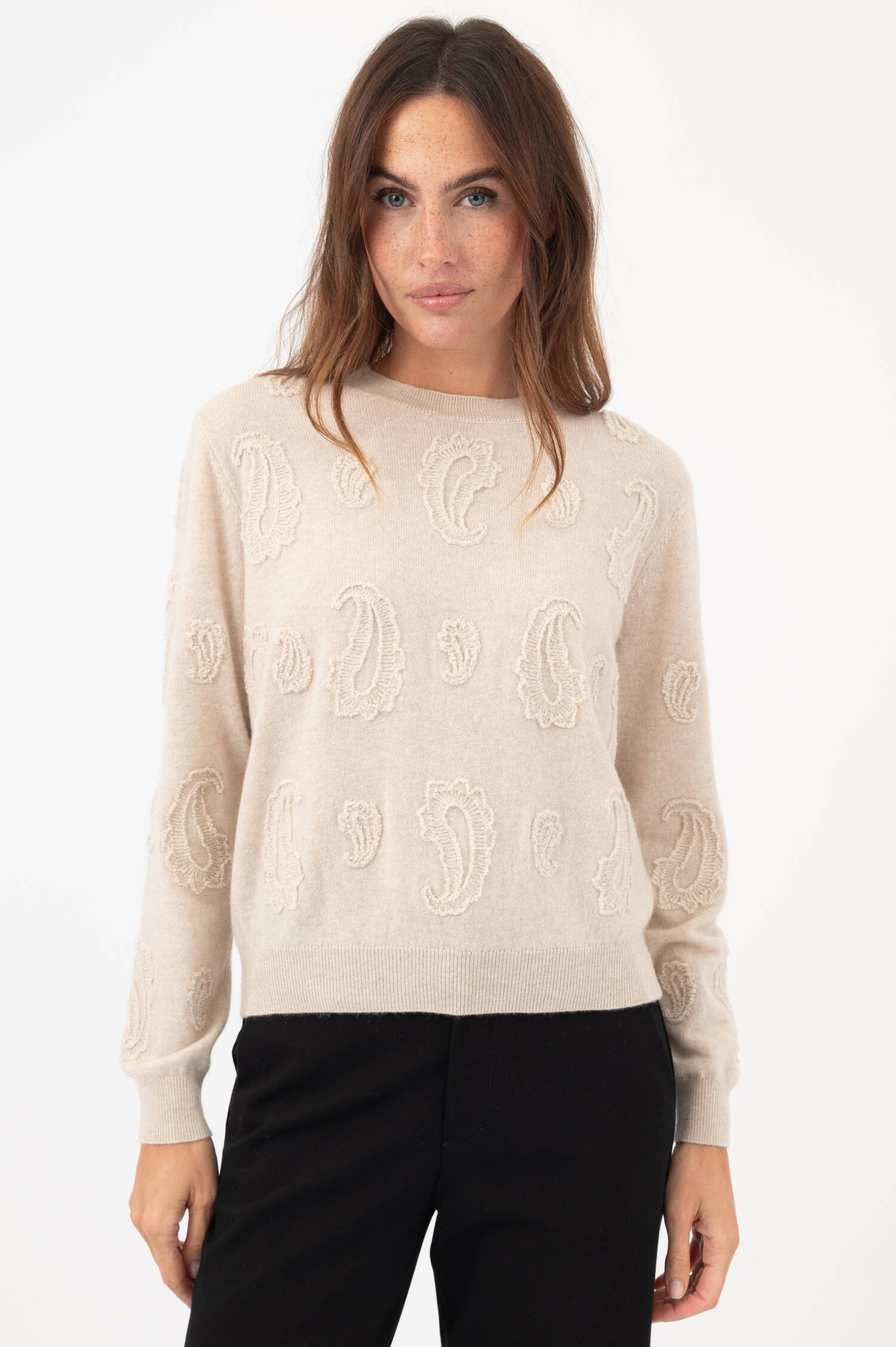 Woll-Cashmere-Pullover mit Paisley Motiv in Beige Woll-Cashmere-Pullover mit Paisley Motiv in Beige