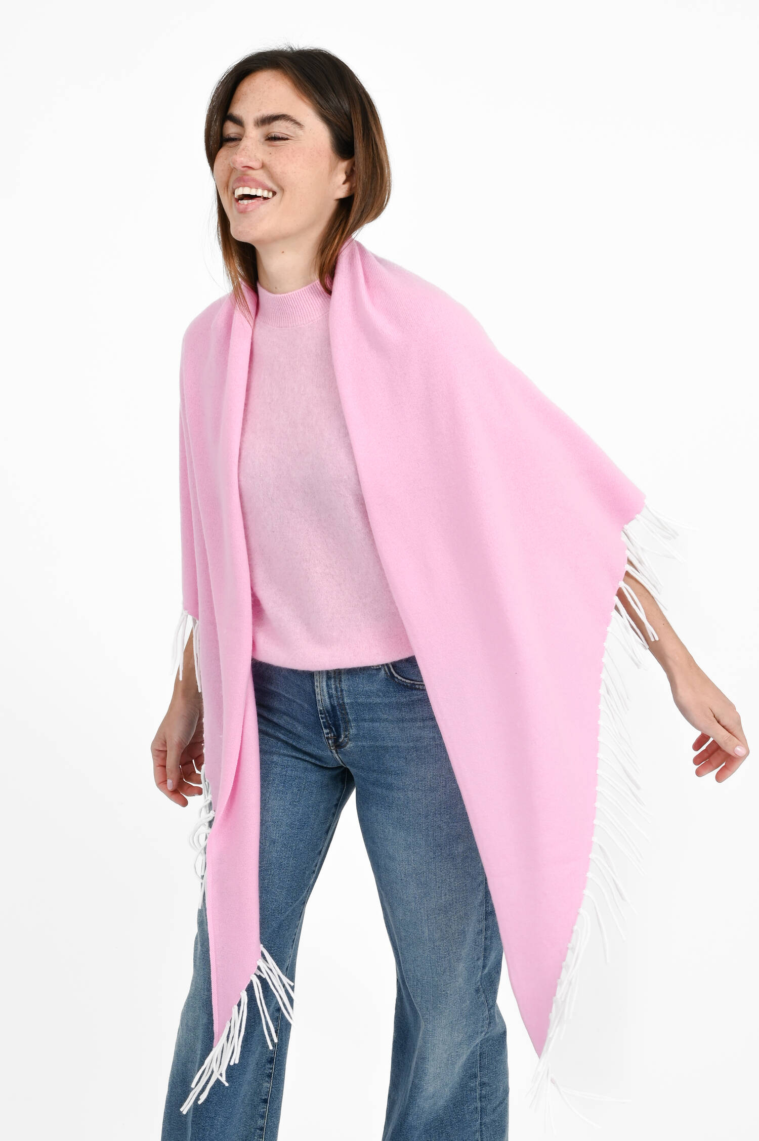 Dreieckstuch mit Fransen in Weiß/Pink