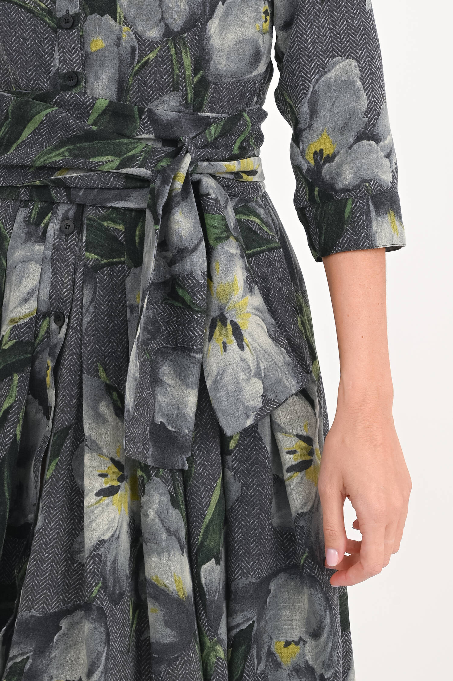 Kleid AUDREY mit Tulpen-Print in Graugrün
