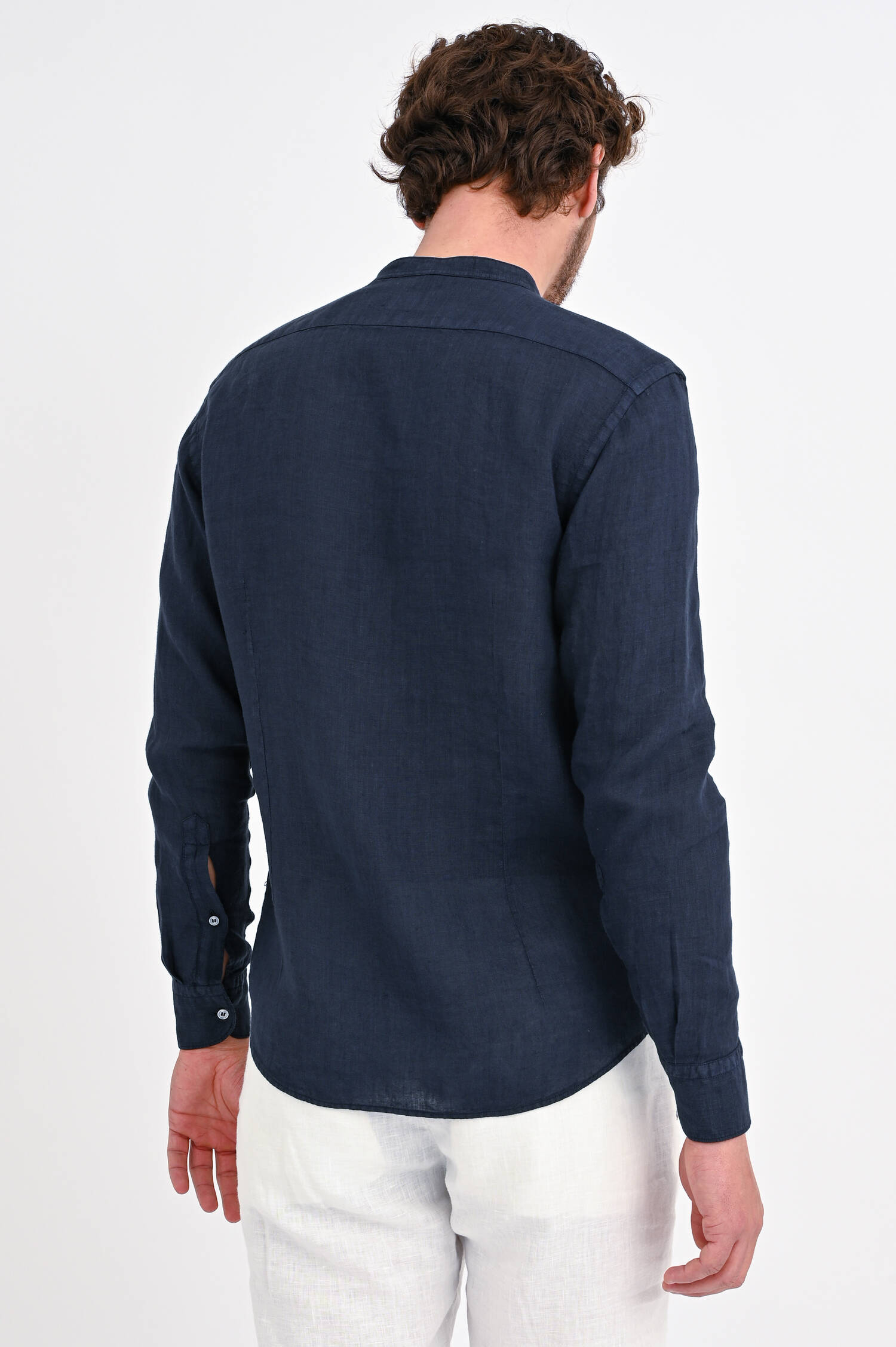 Stehkragen-Leinenhemd in Navy