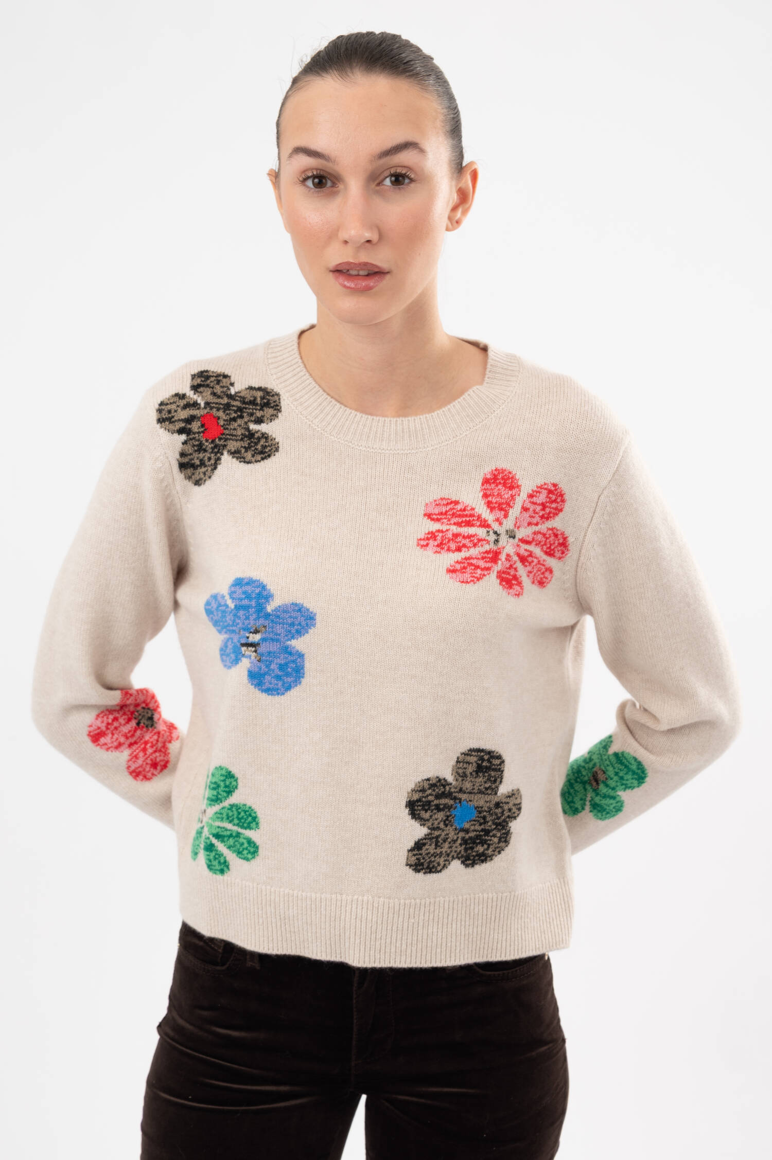 Woll-Cashmere-Pullover mit Blumen-Details in Beige Woll-Cashmere-Pullover mit Blumen-Details in Beige