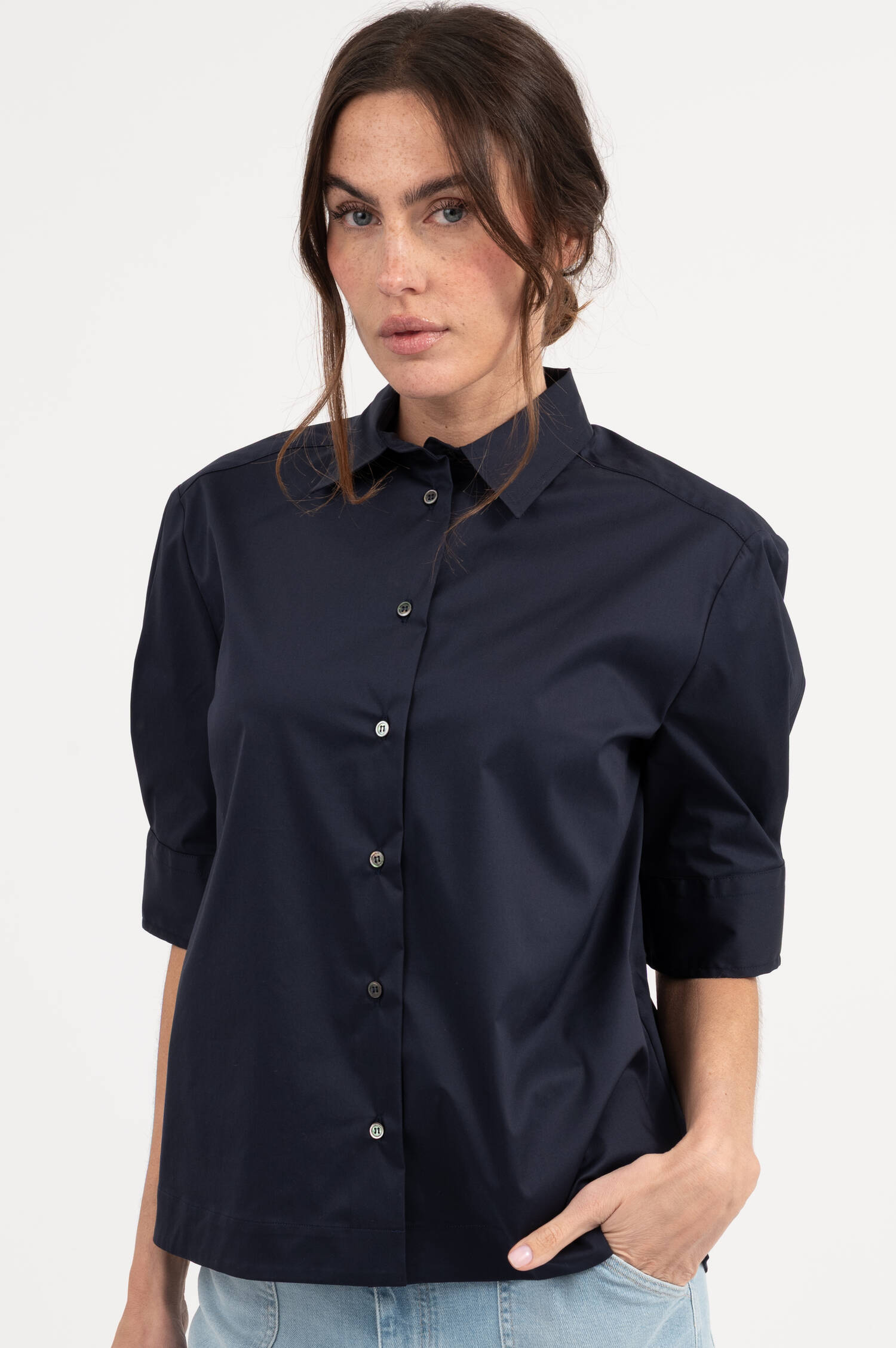 Kurzarm Bluse in Dunkelblau