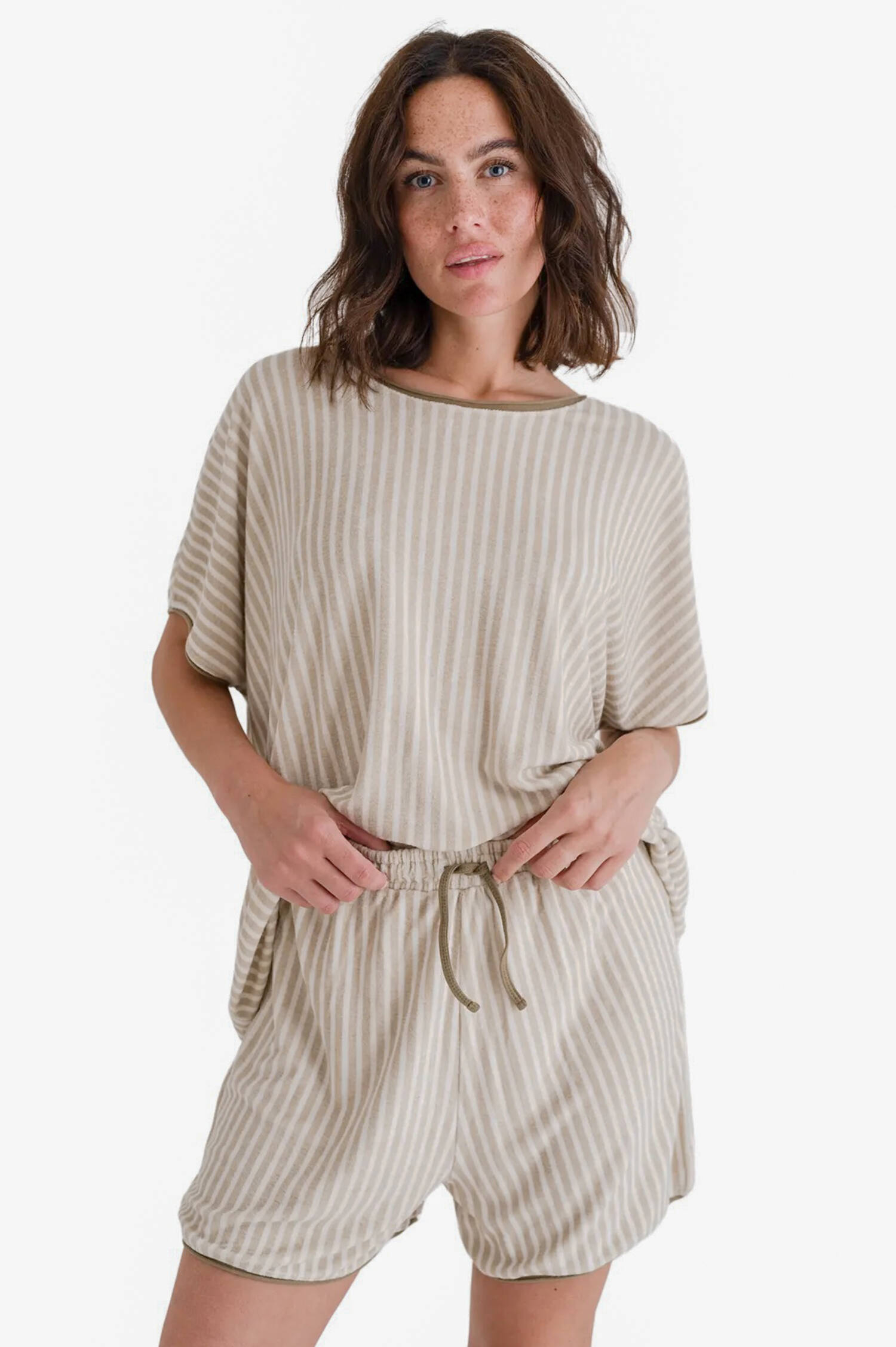 Gestreiftes Loungewear-Set in Taupe/Weiß